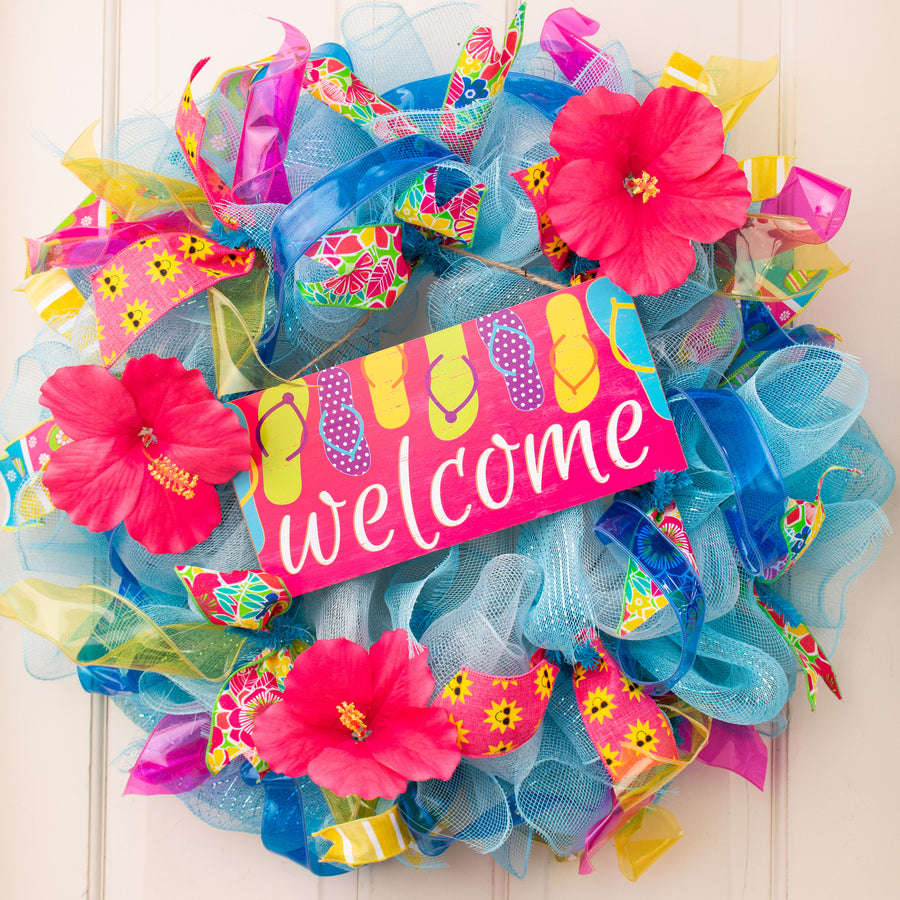 12" Wooden Sign: Welcome Flip Flops Fuchsia Lifestyle Photo