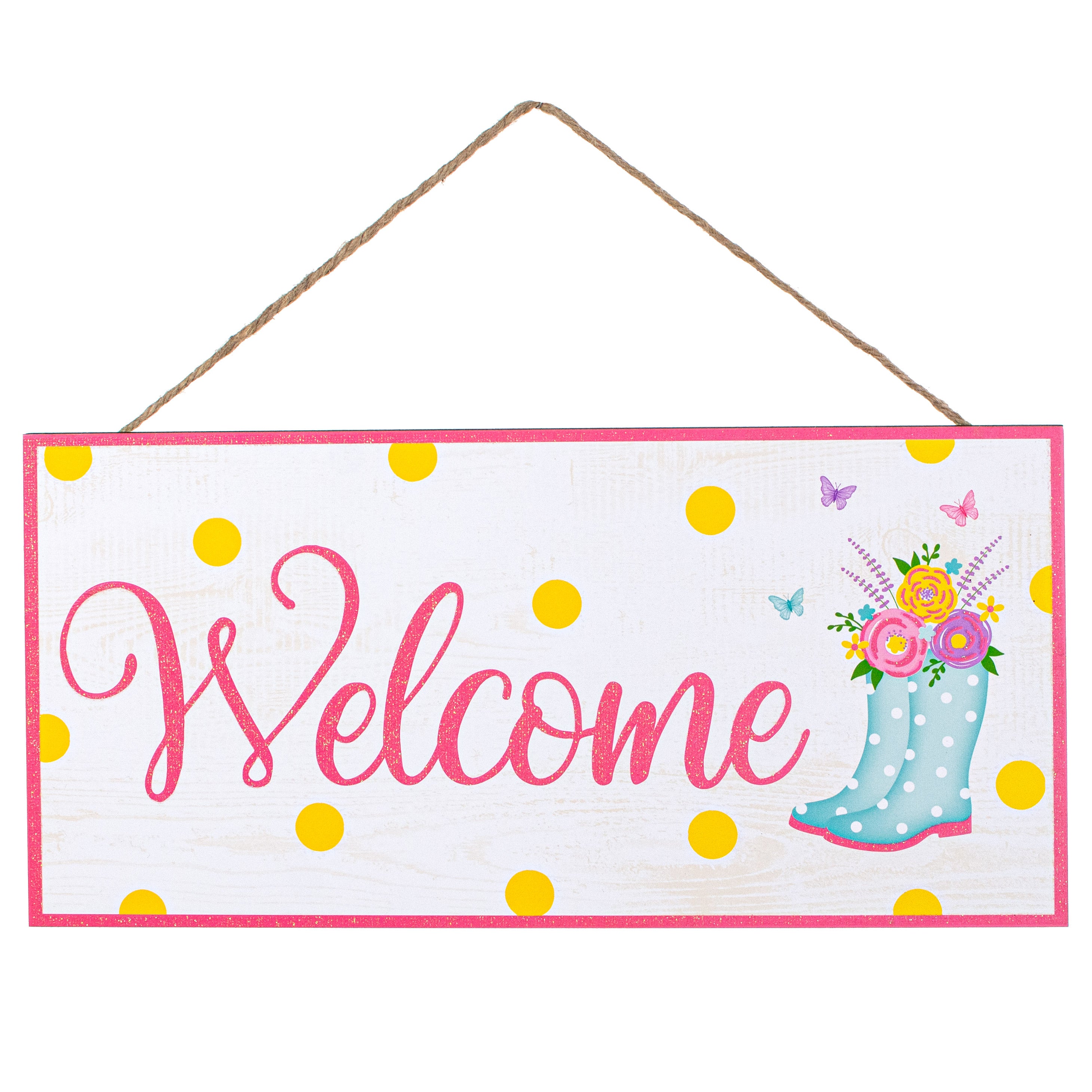 12" Wooden Sign: Welcome Glitter Boots Item Number: AP8911
