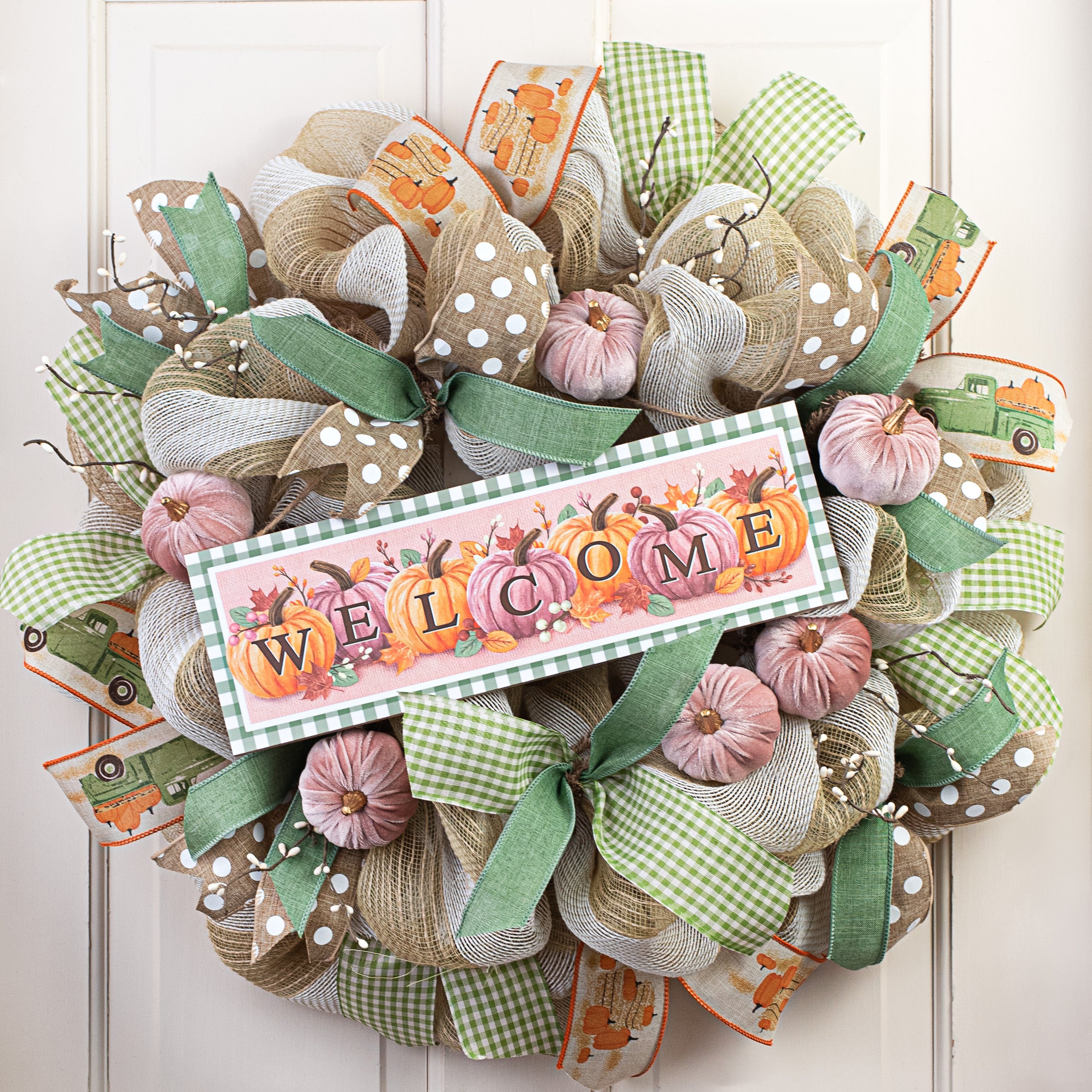 15" Wooden Sign: Welcome Pumpkins Sage Green Lifestyle Photo