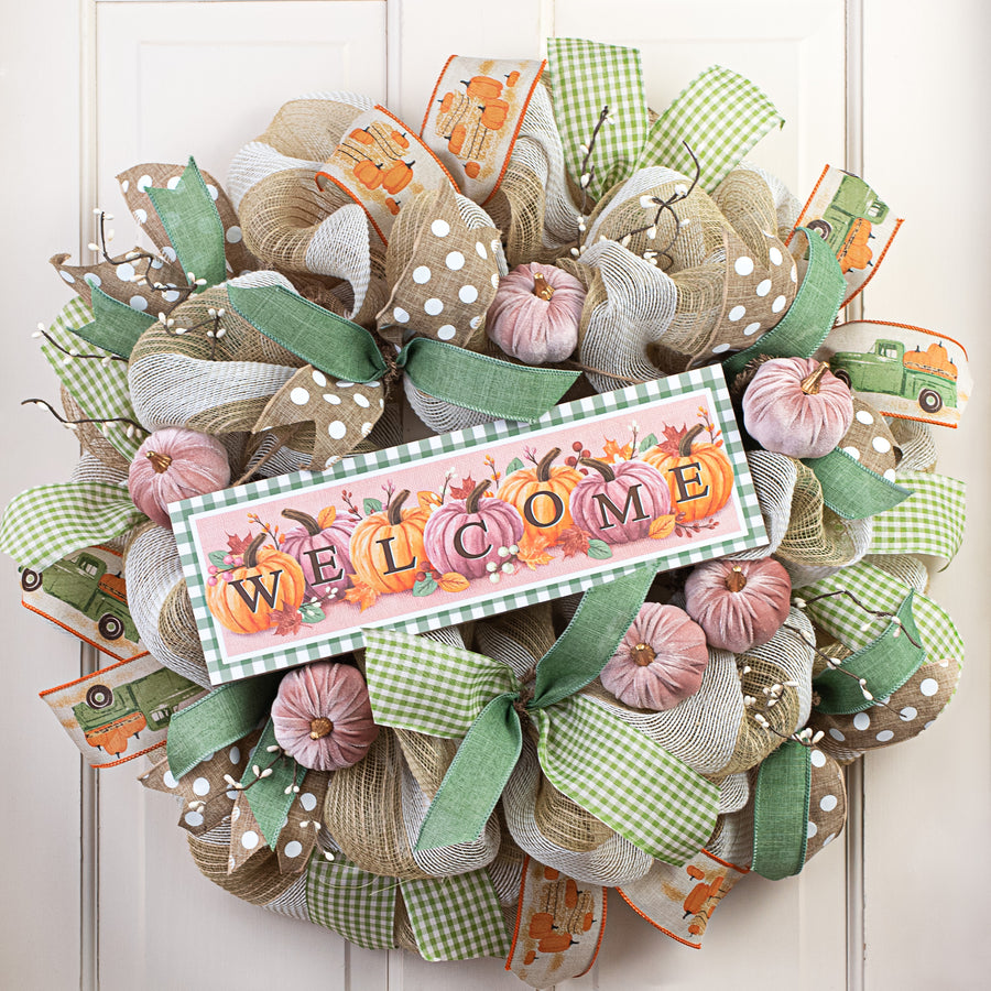 15" Wooden Sign: Welcome Pumpkins Sage Green Lifestyle Photo