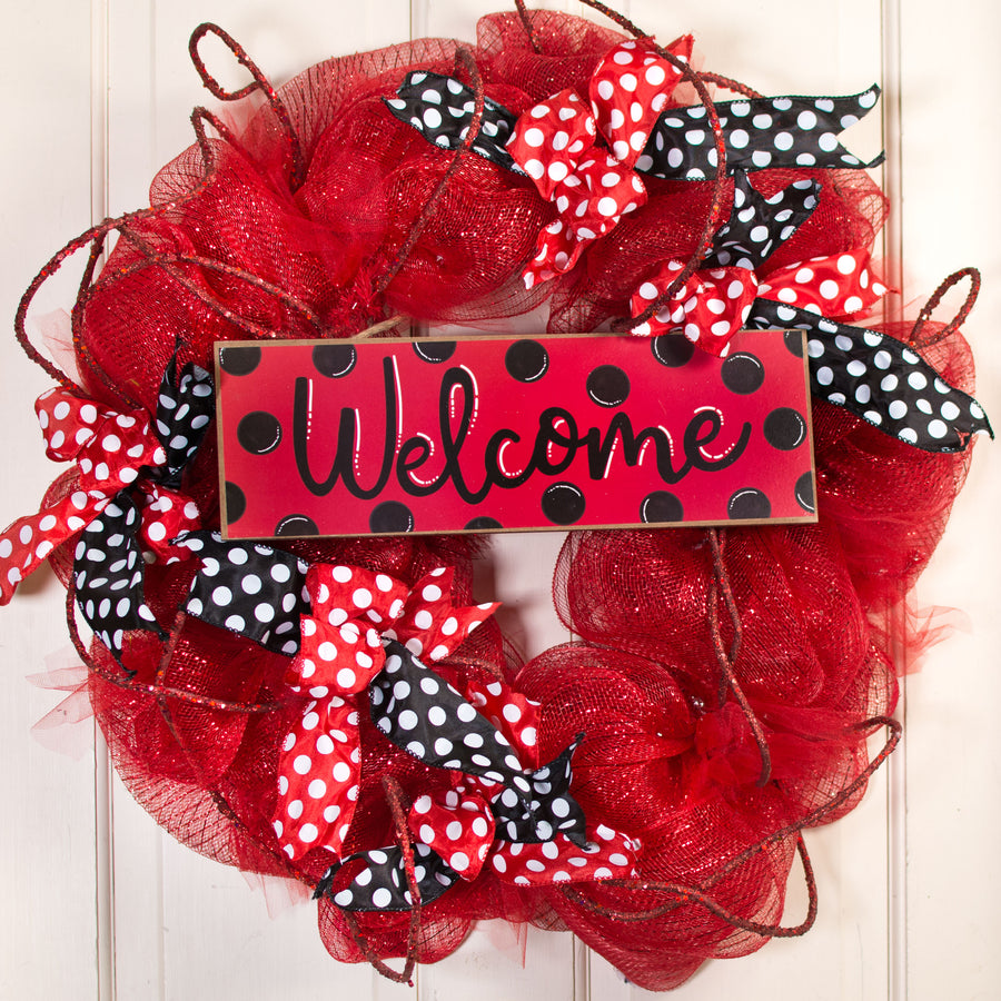15" Wooden Sign: Welcome Red, Black Dots Lifestyle Photo