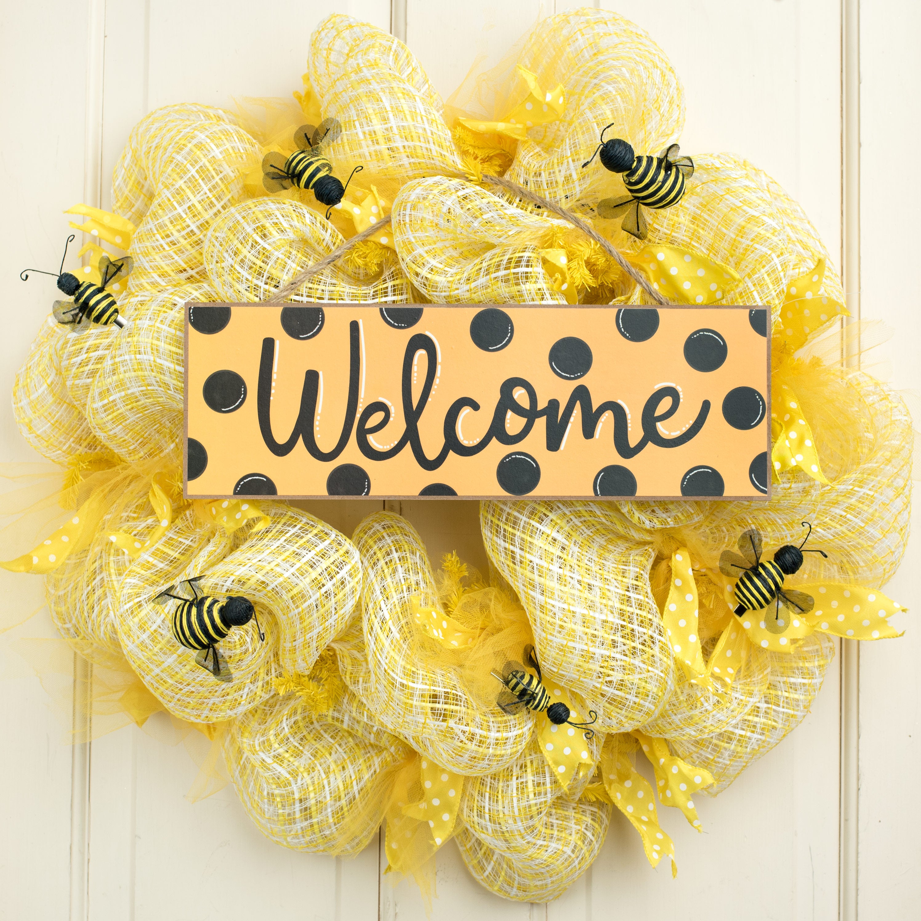 15" Wooden Sign: Welcome Yellow, Black Dots Lifestyle Photo