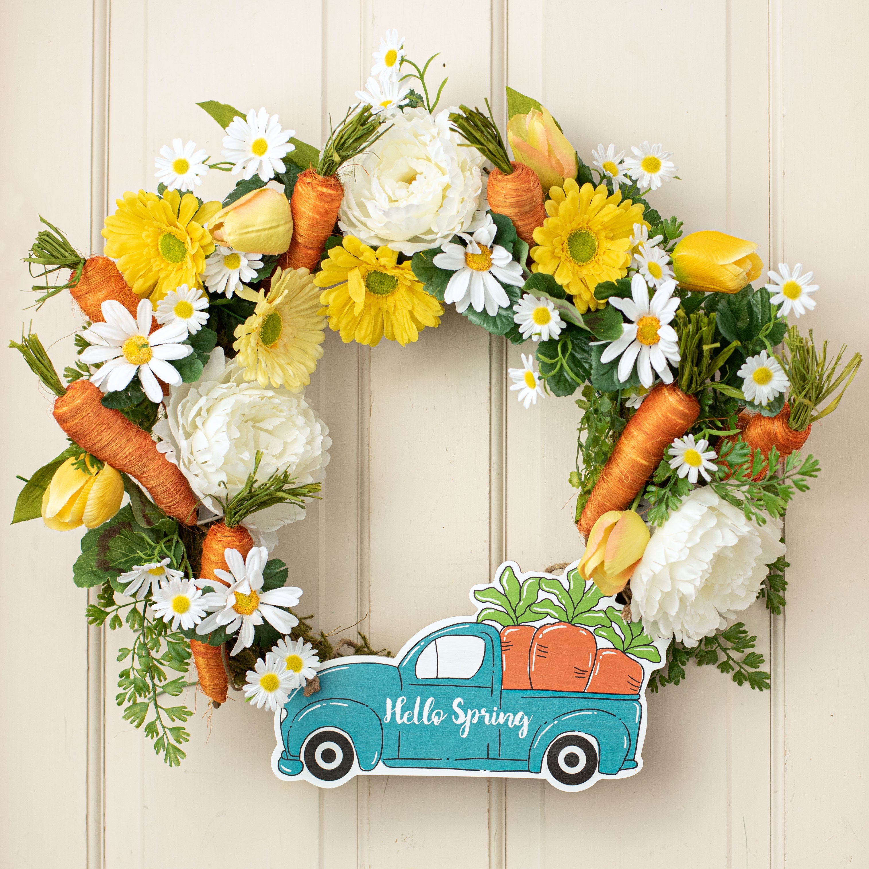 12" Wooden Truck & Carrot Happy Spring Sign Lifestyle Photo