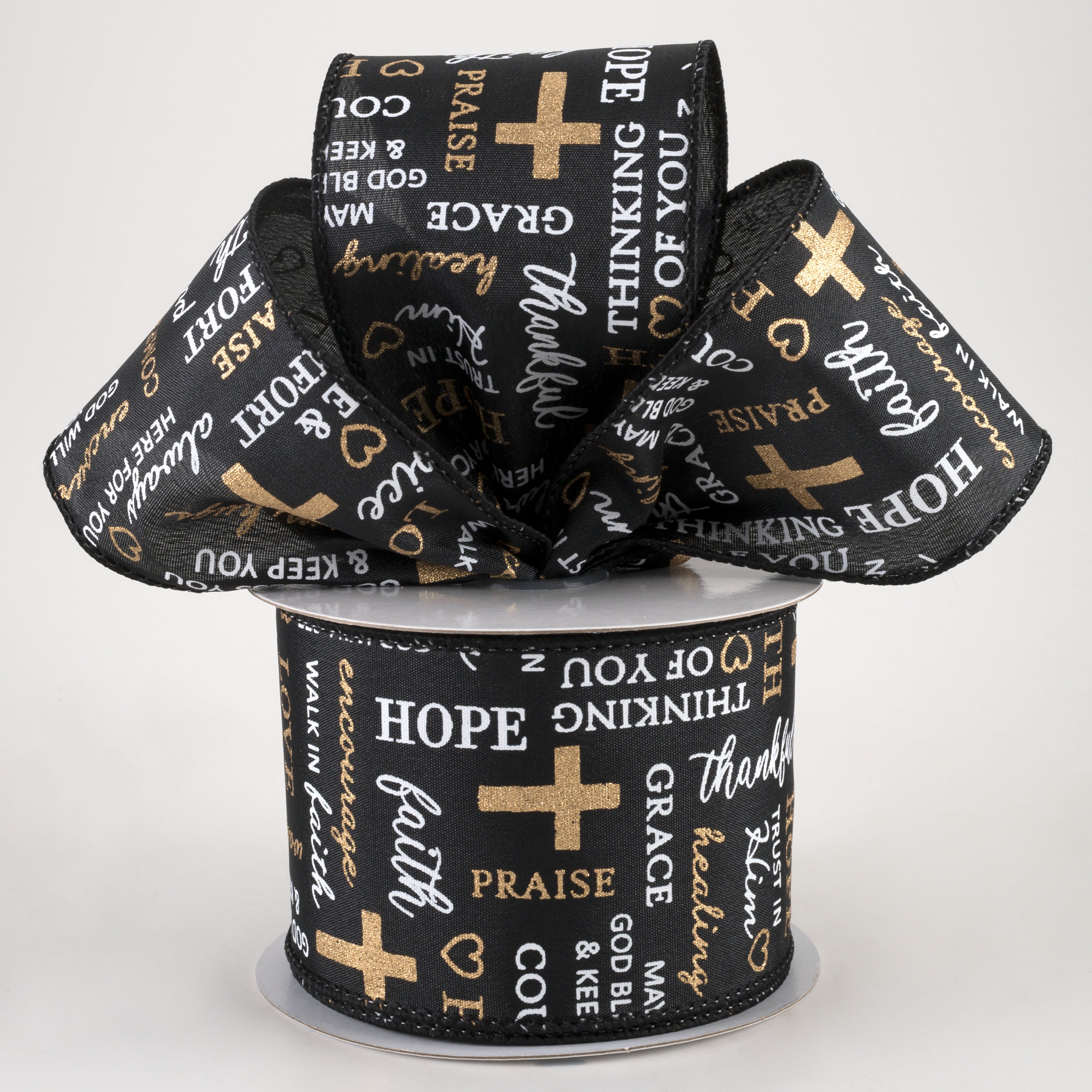 2.5" Words of Comfort Cross Ribbon: Black (10 Yards) Lifestyle Photo