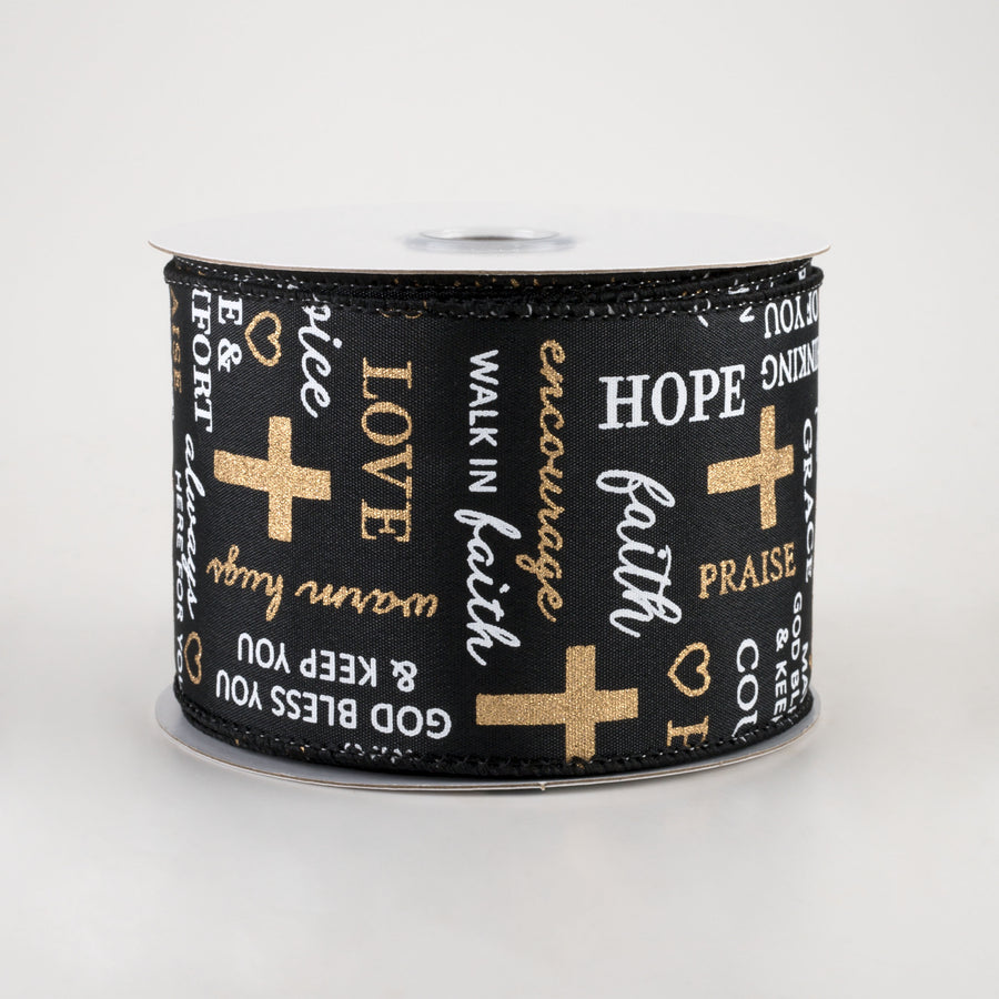 2.5" Words of Comfort Cross Ribbon: Black (10 Yards)