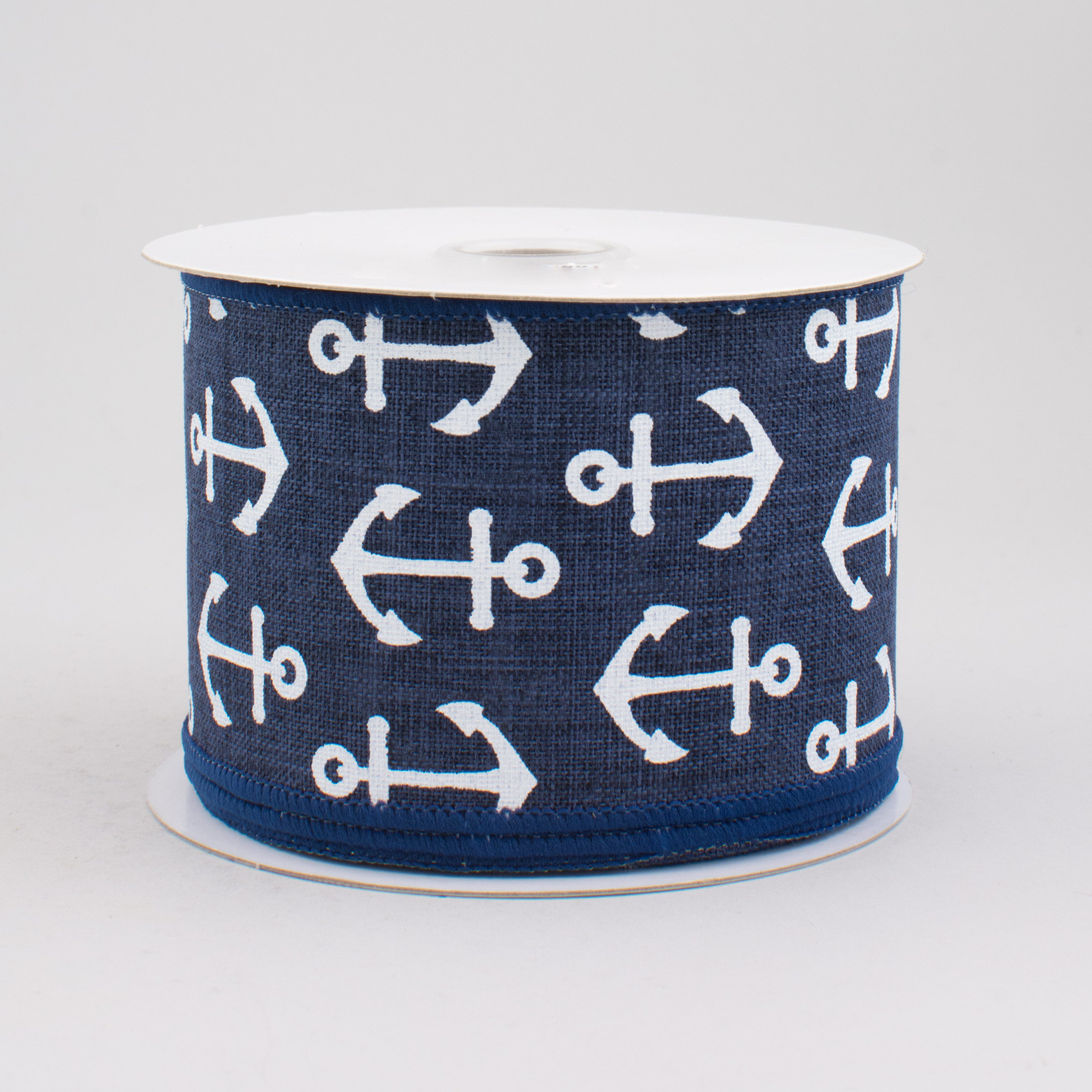 2.5" Woven Anchor Print Ribbon: Navy Blue & White (10 Yards)
