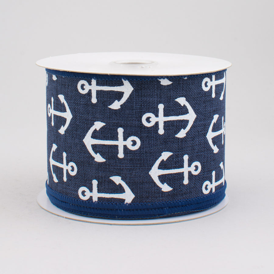 2.5" Woven Anchor Print Ribbon: Navy Blue & White (10 Yards)