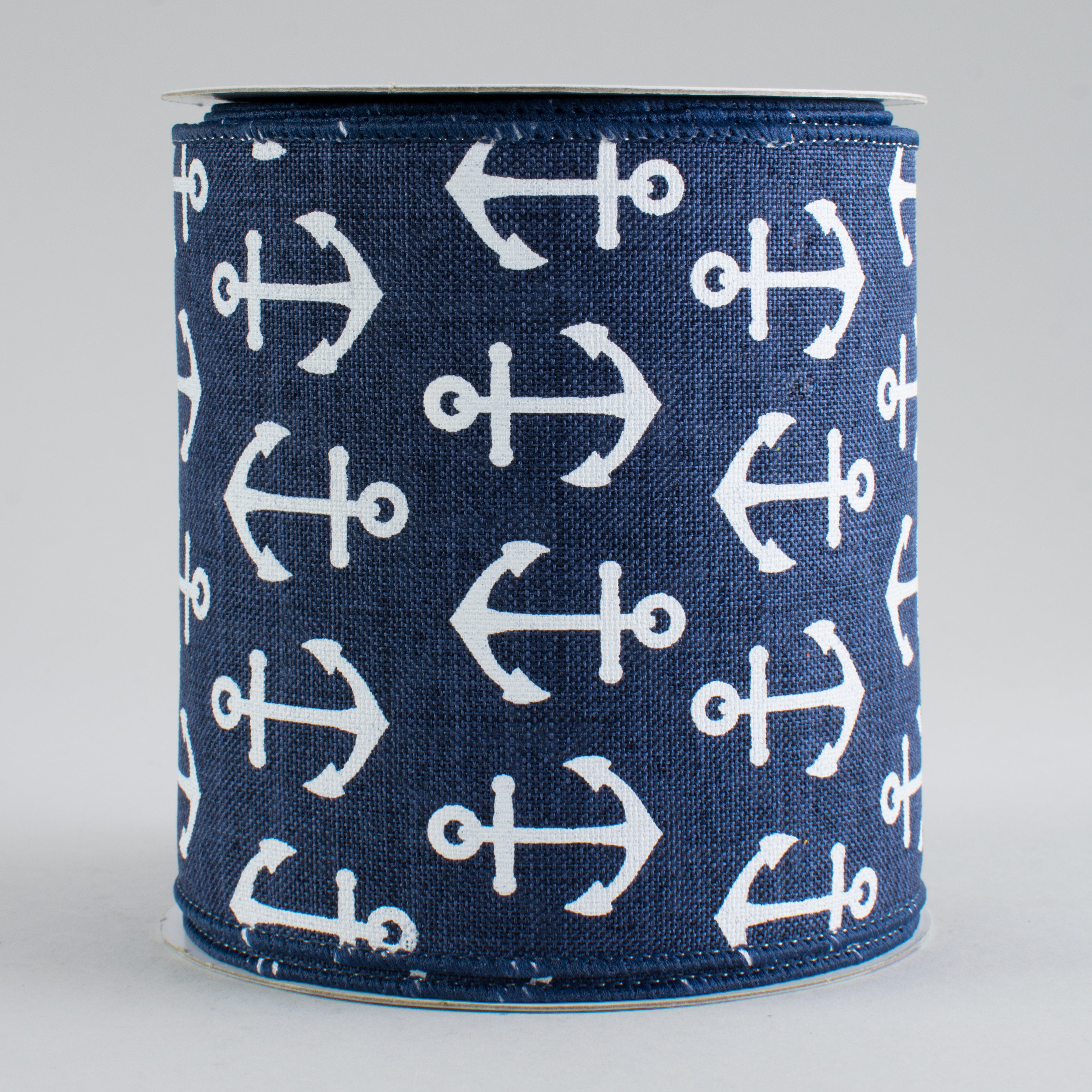 4" Woven Anchor Print Ribbon: Navy Blue & White (10 Yards)
