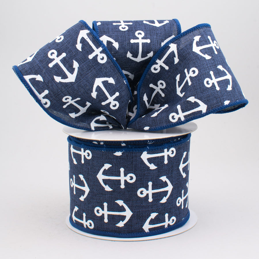 2.5" Woven Anchor Print Ribbon: Navy Blue & White (10 Yards) Lifestyle Photo