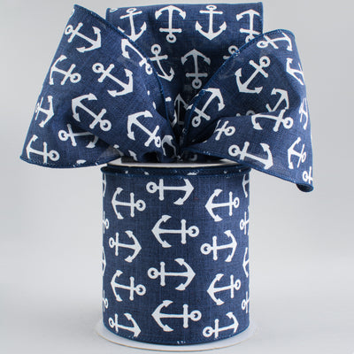 4" Woven Anchor Print Ribbon: Navy Blue & White (10 Yards) Lifestyle Photo