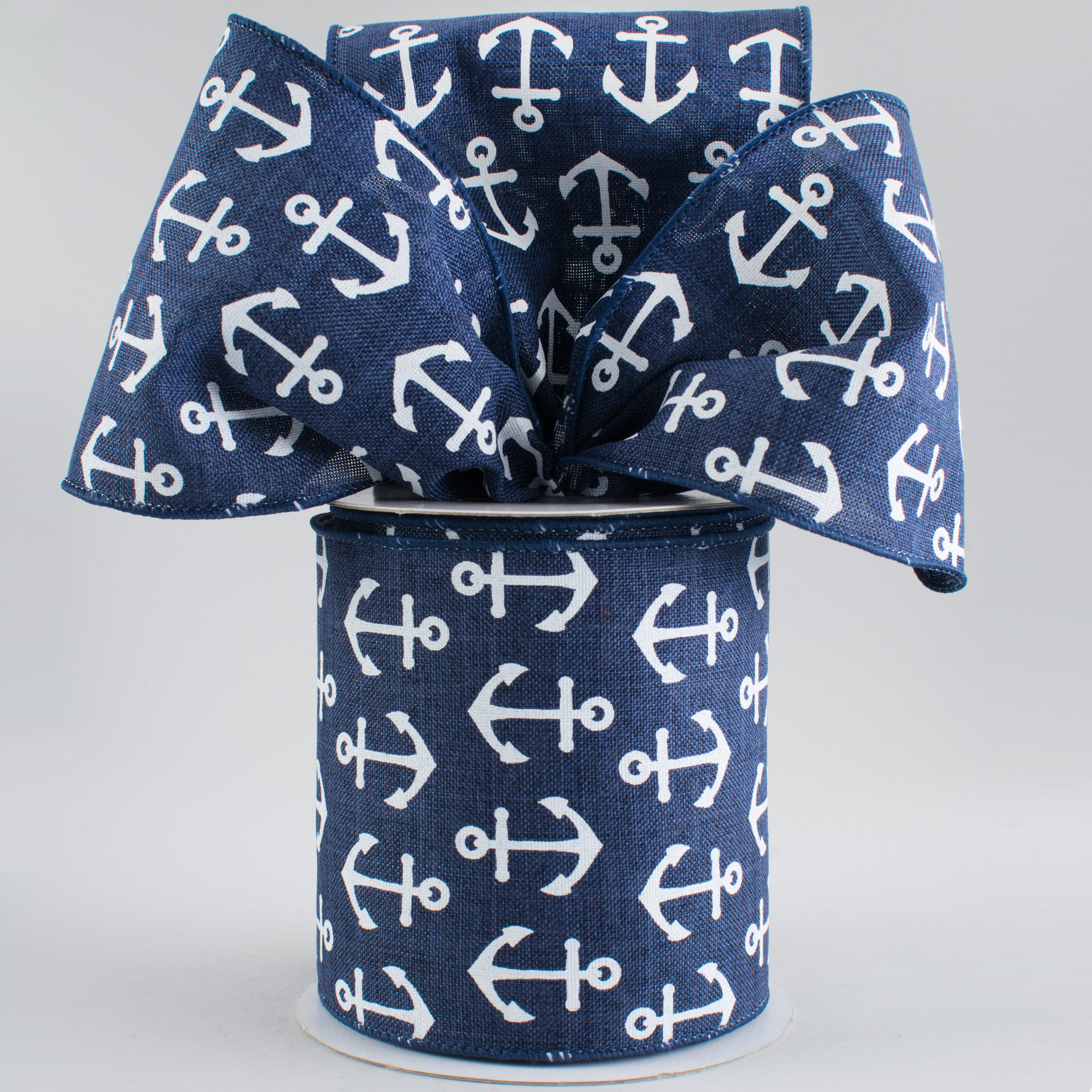 4" Woven Anchor Print Ribbon: Navy Blue & White (10 Yards) Lifestyle Photo