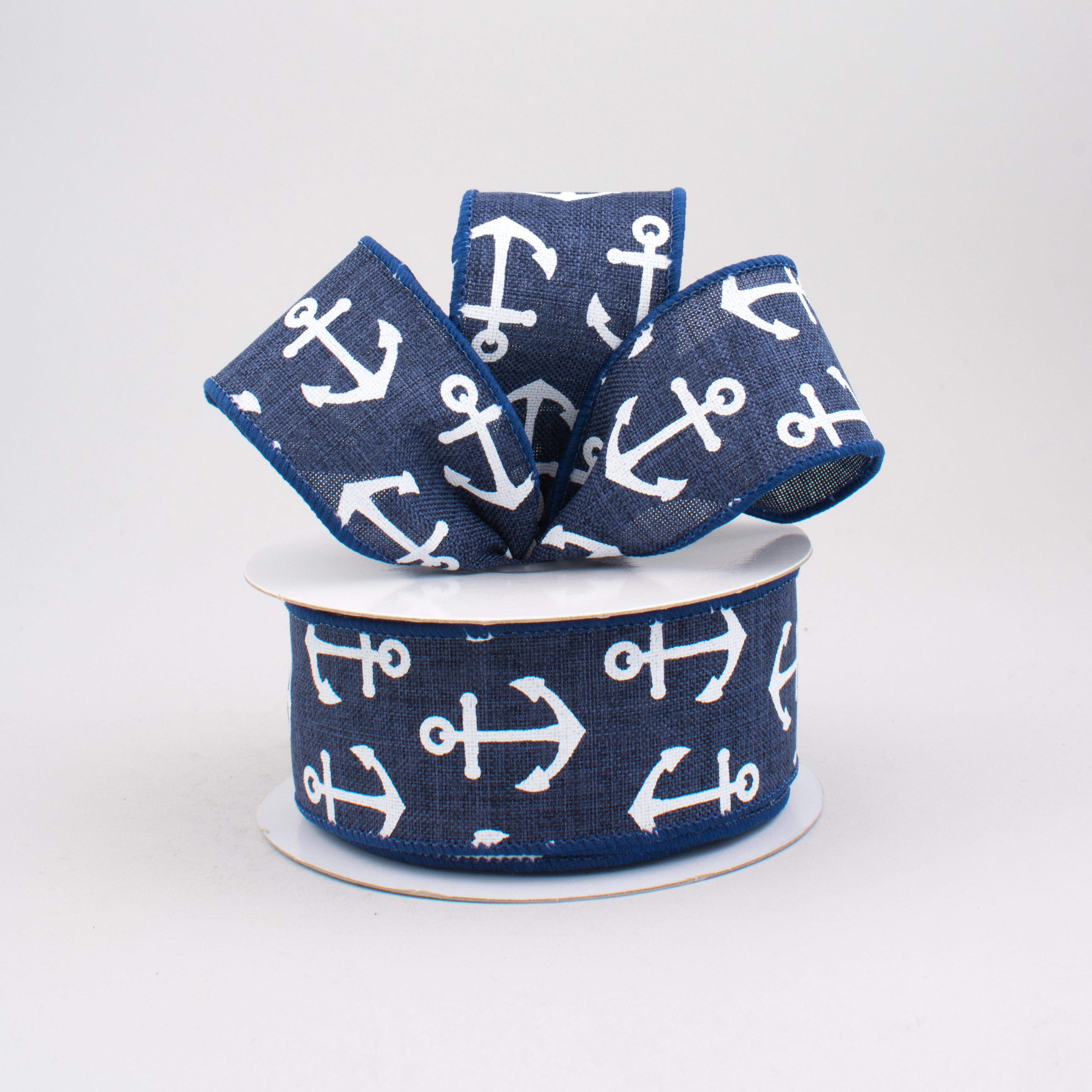 1.5" Woven Anchor Print Ribbon: Navy Blue & White (10 Yards) Lifestyle Photo