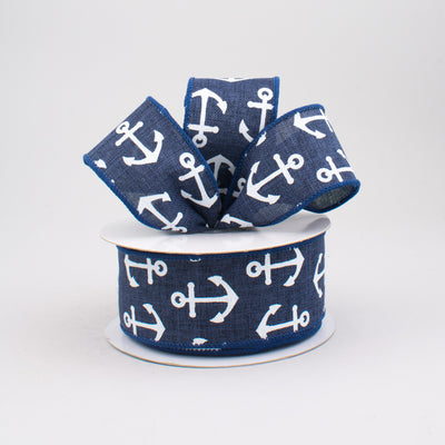 1.5" Woven Anchor Print Ribbon: Navy Blue & White (10 Yards) Lifestyle Photo
