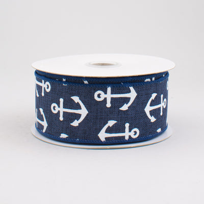 1.5" Woven Anchor Print Ribbon: Navy Blue & White (10 Yards)
