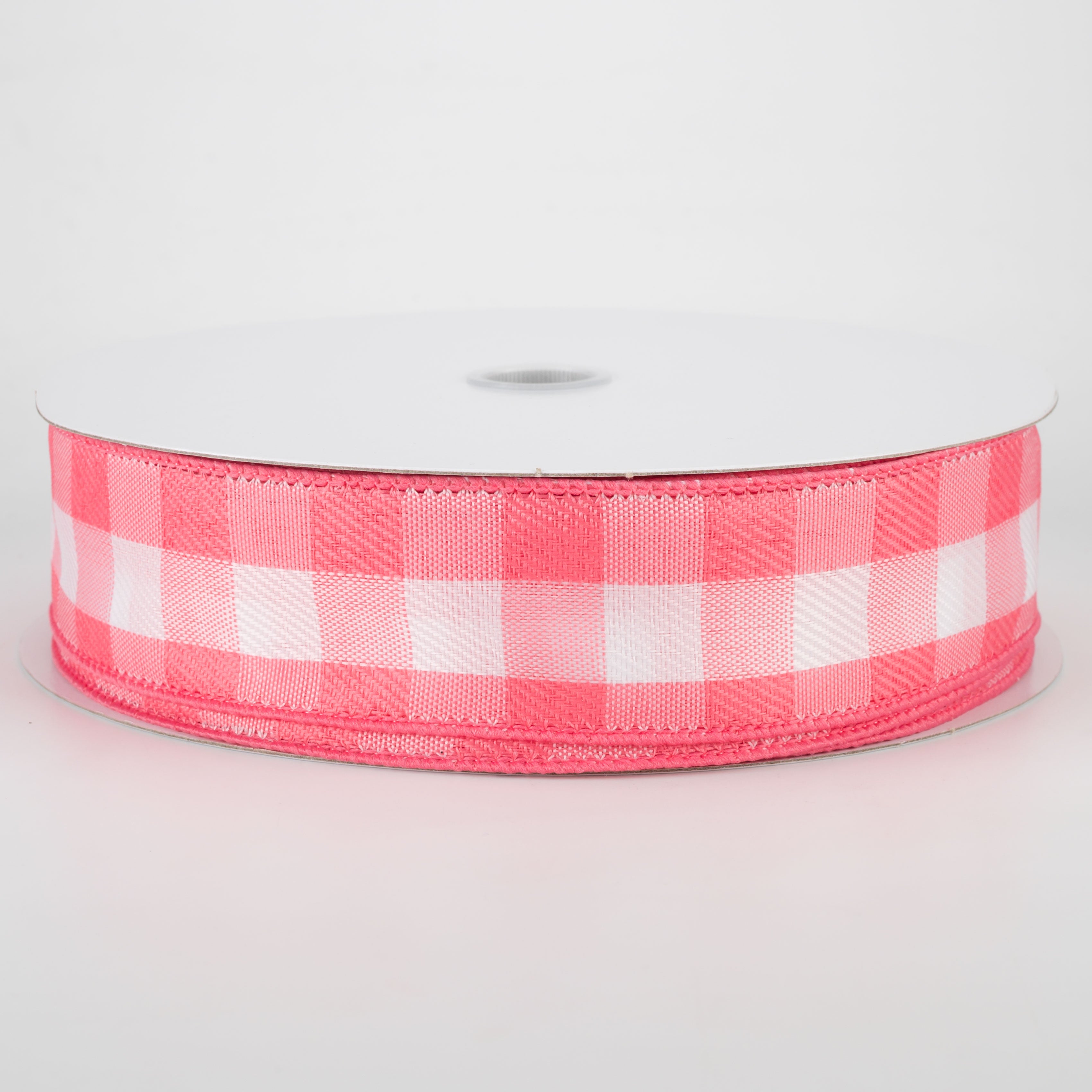 1.5" Woven Buffalo Plaid Ribbon: Coral & White (50 Yards) Item Number: 841-09-041