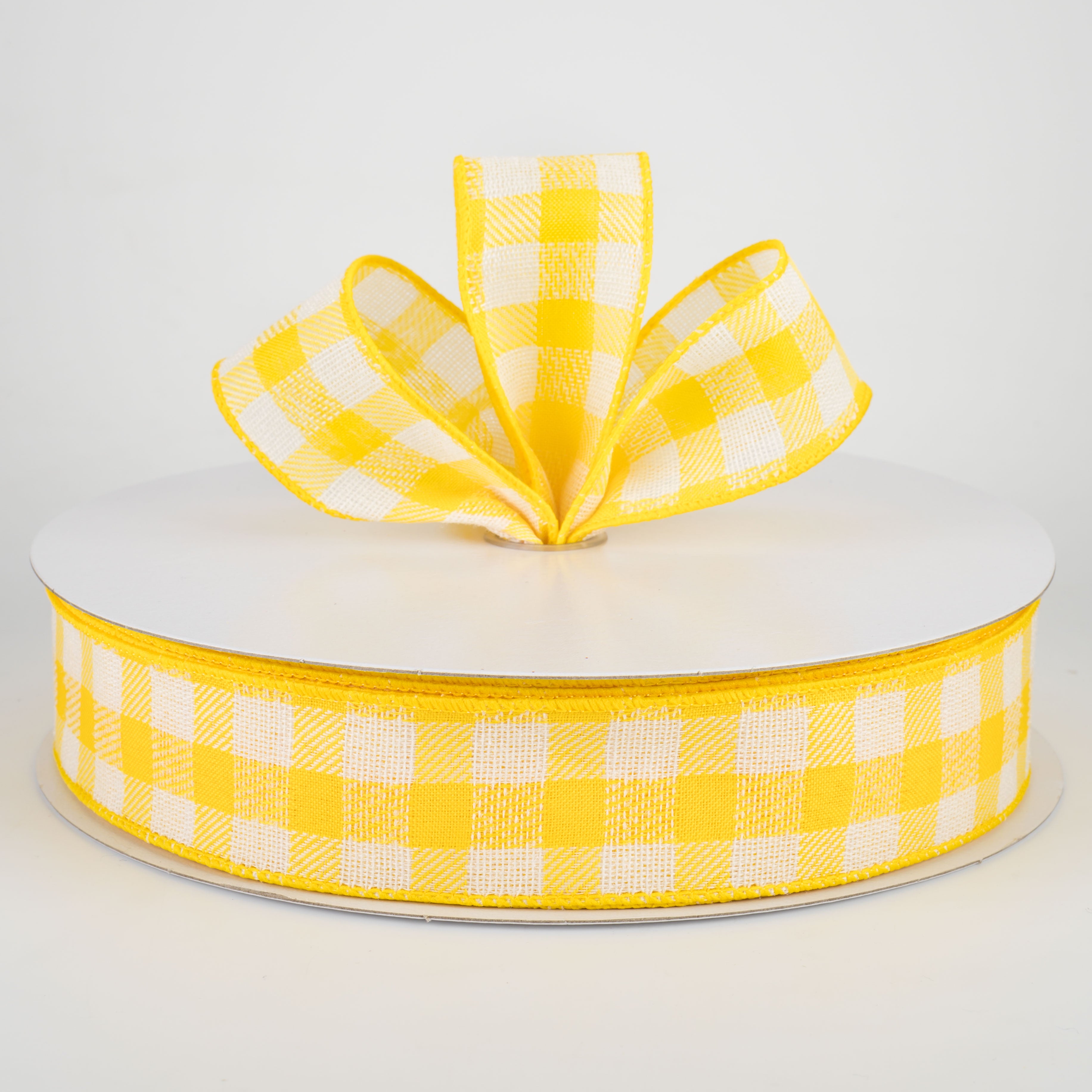 1.5" Woven Buffalo Plaid Ribbon: Daffodil Yellow & Cream (50 Yards) Lifestyle Photo