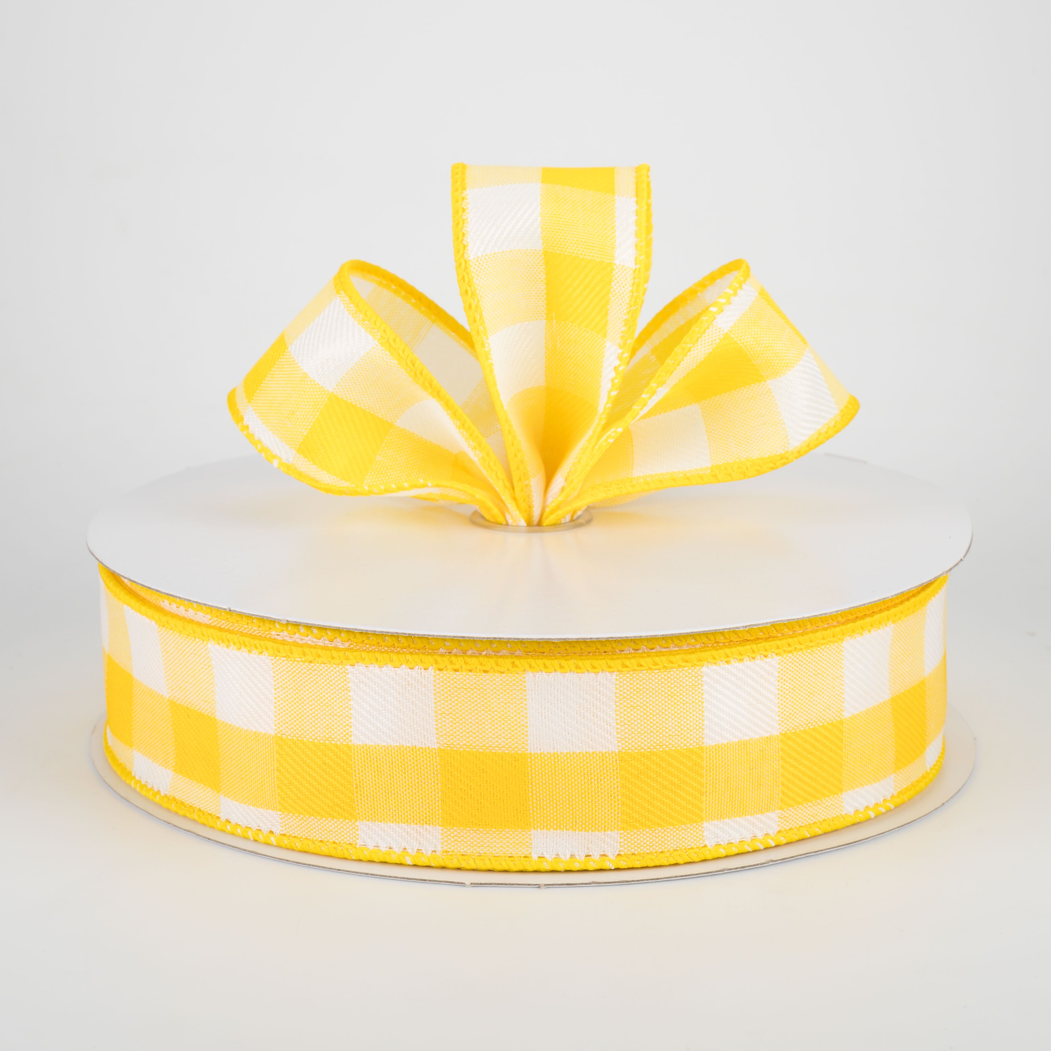 1.5" Woven Buffalo Plaid Ribbon: Daffodil Yellow & White (50 Yards) Lifestyle Photo