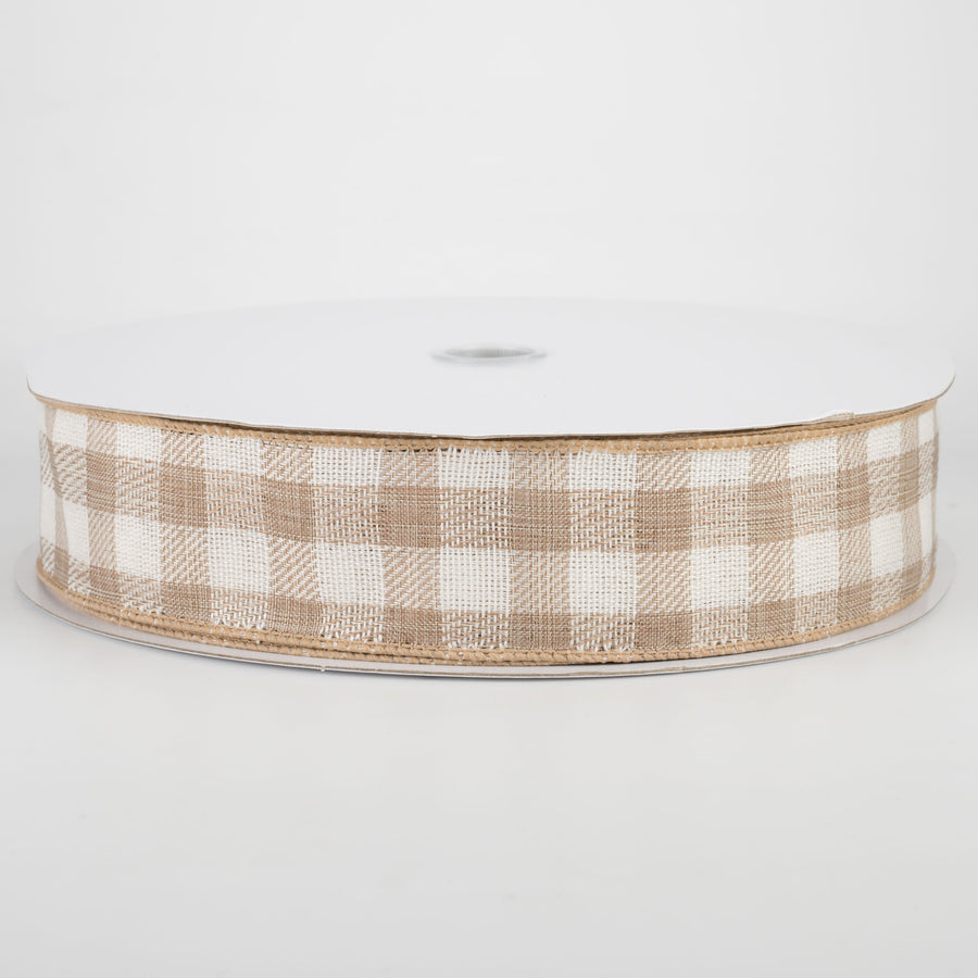 1.5" Woven Buffalo Plaid Ribbon: Natural & Cream (50 Yards)