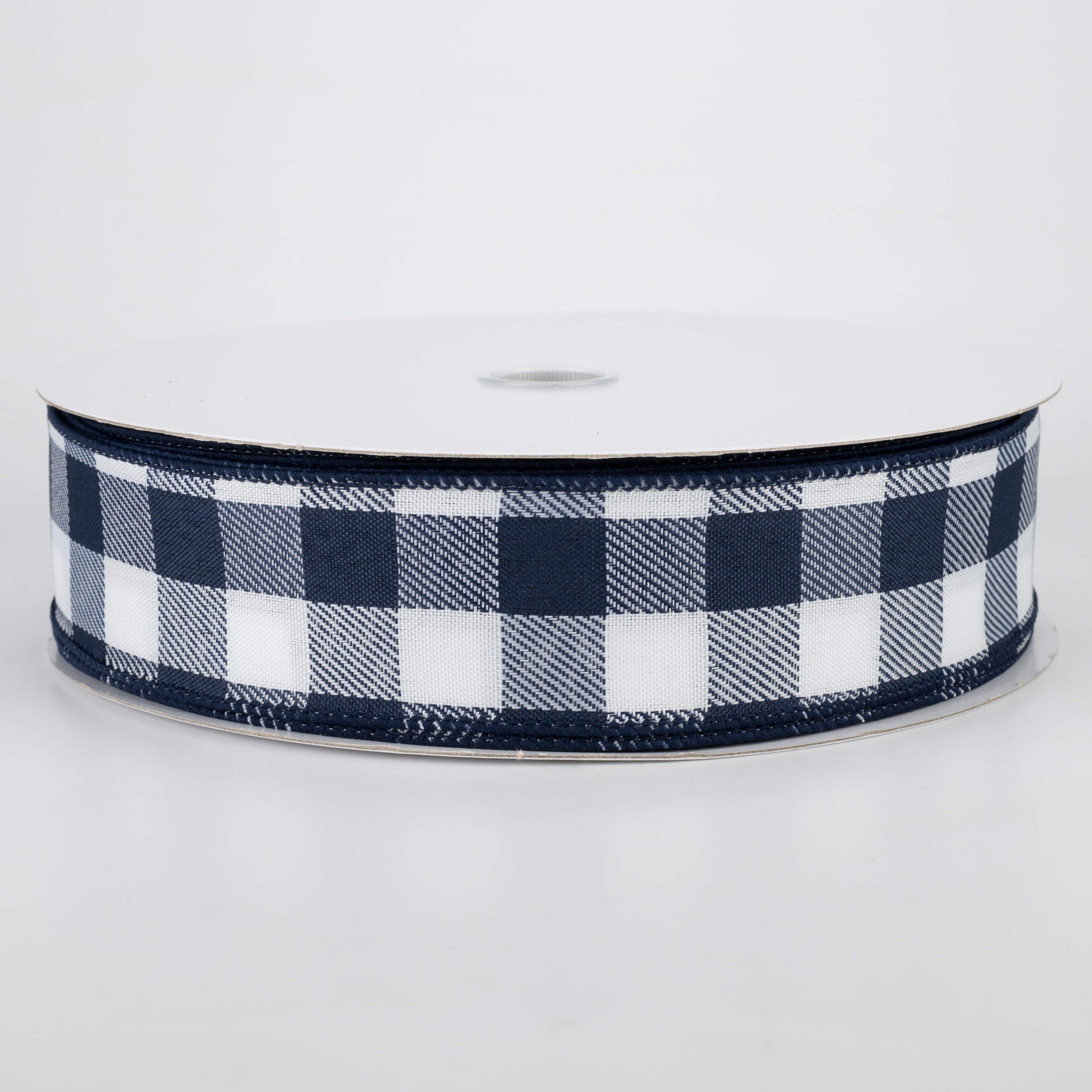 1.5" Woven Buffalo Plaid Ribbon: Navy & White (50 Yards)