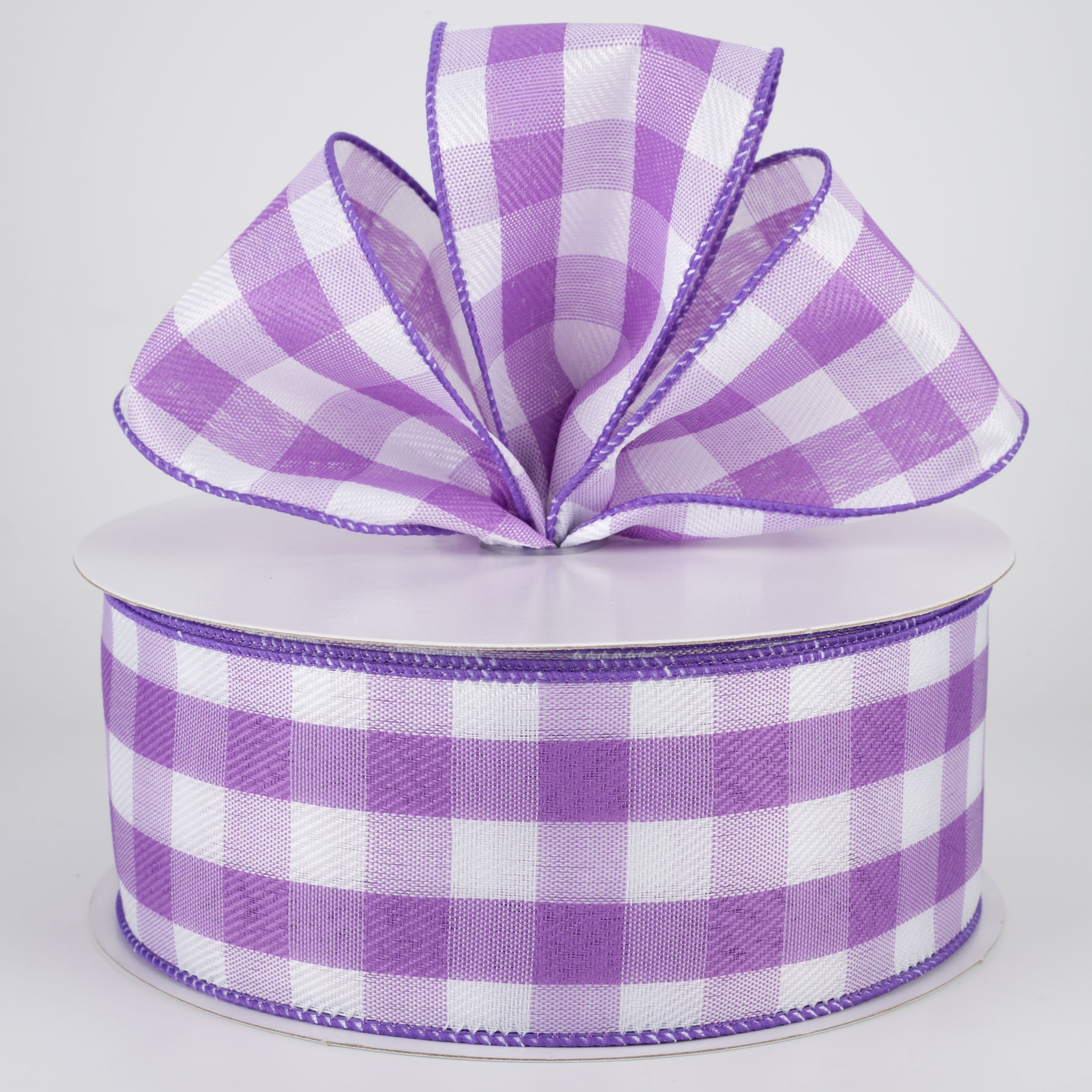 2.5" Woven Buffalo Plaid Ribbon: Purple & White (50 Yards) Lifestyle Photo