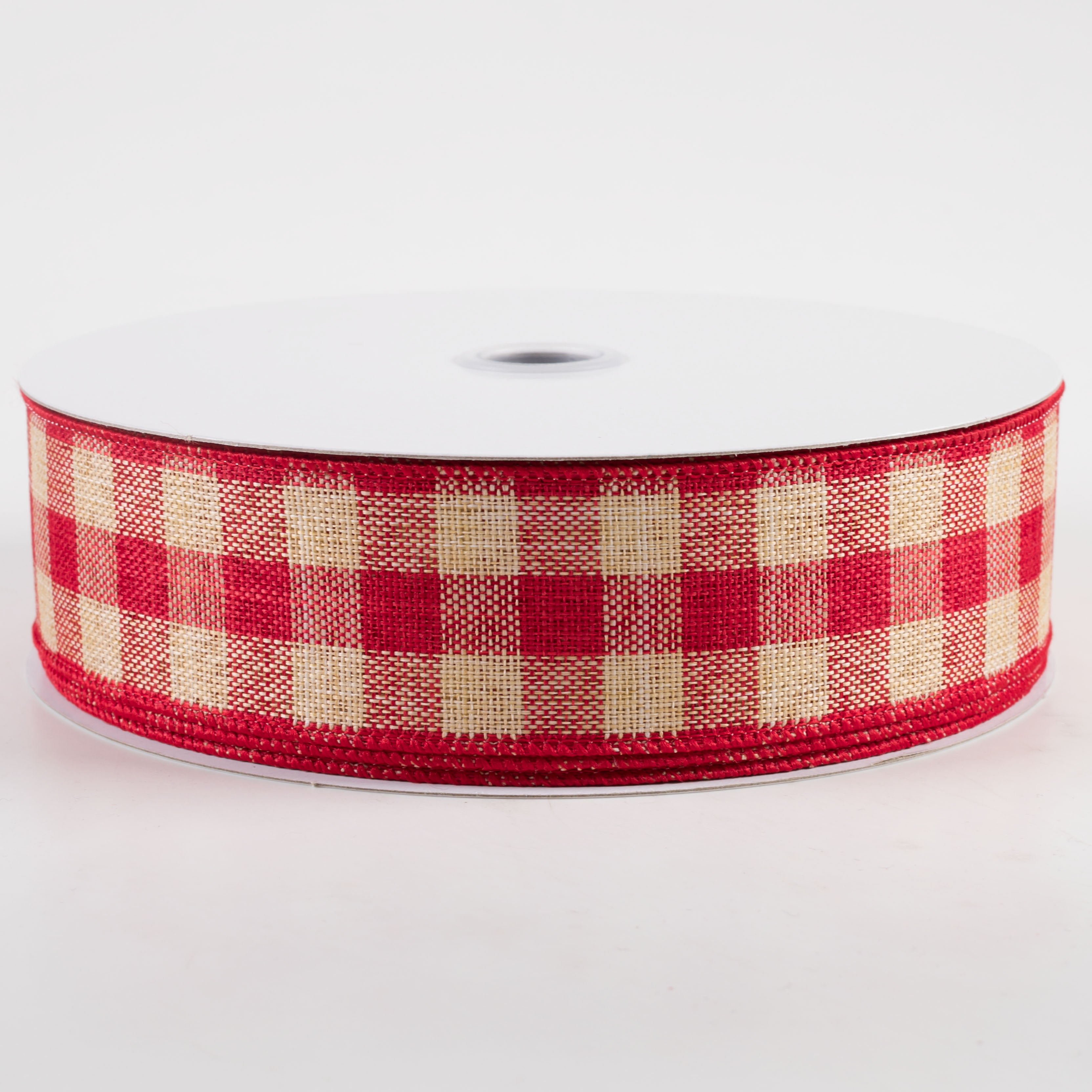 1.5" Woven Check Ribbon: Red & Beige (50 Yards)