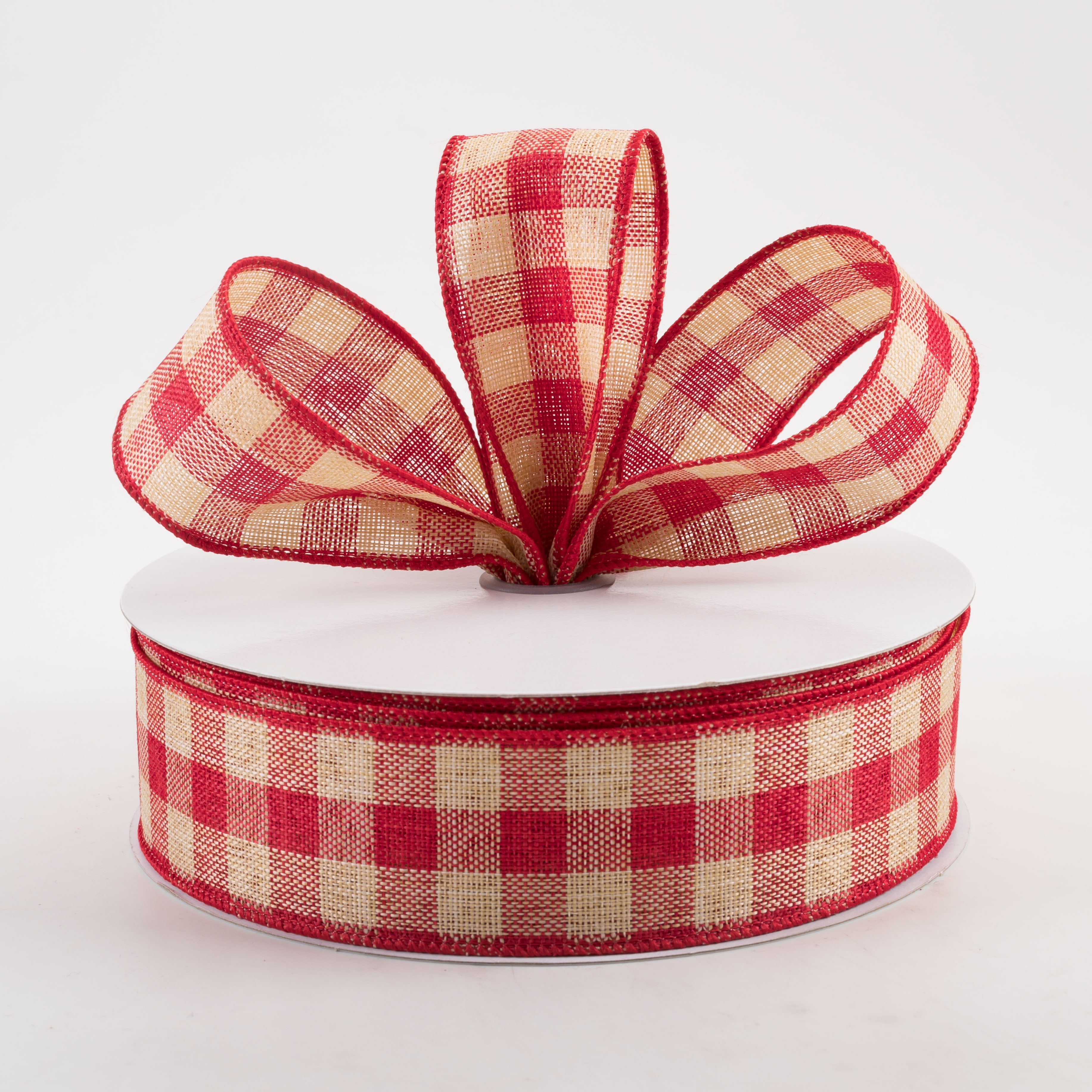 1.5" Woven Check Ribbon: Red & Beige (50 Yards) Lifestyle Photo