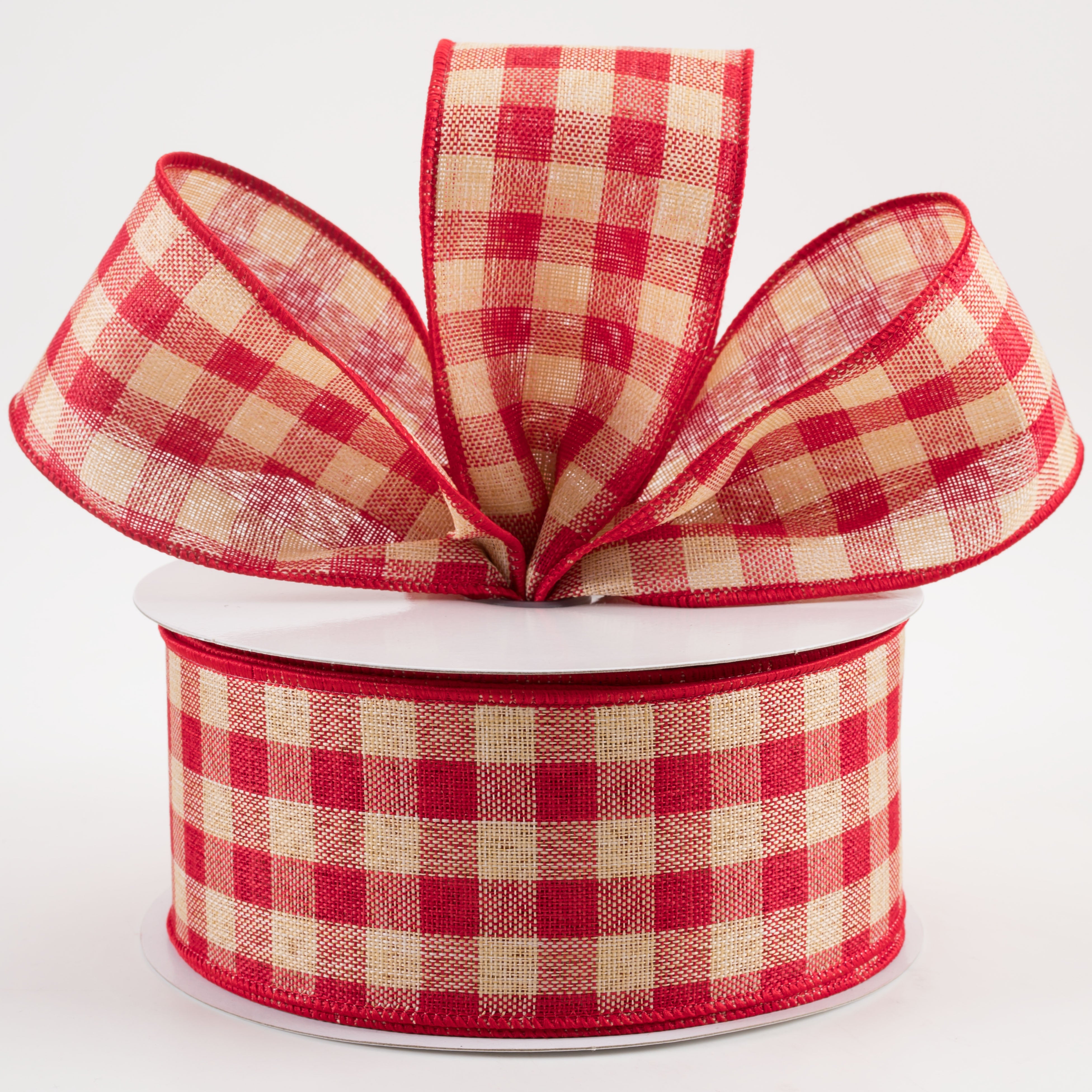 2.5" Woven Check Ribbon: Red & Beige (50 Yards) Lifestyle Photo
