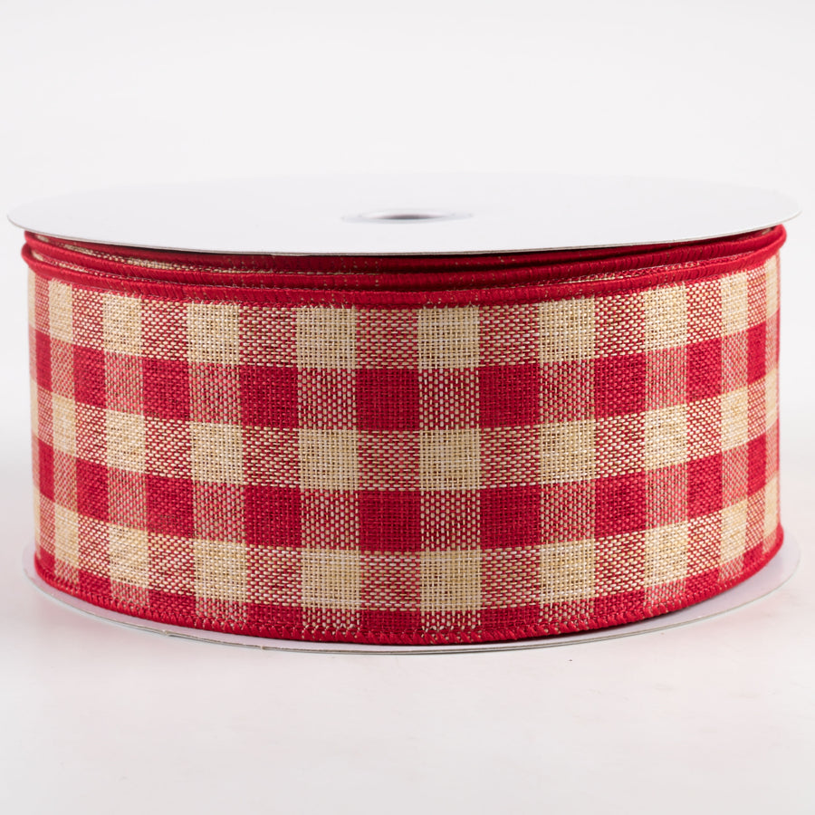 2.5" Woven Check Ribbon: Red & Beige (50 Yards)