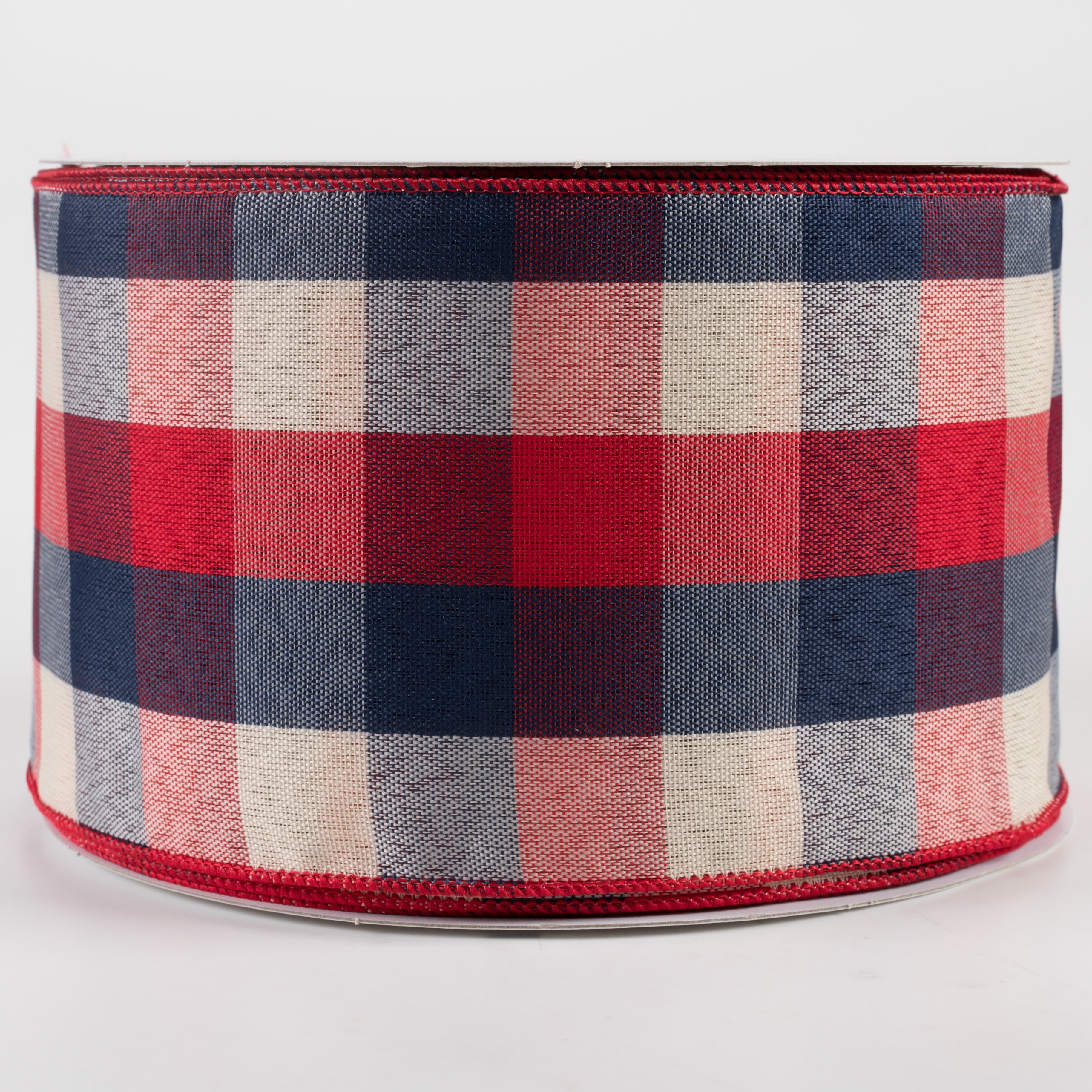 4" Woven Check Ribbon: Red, Cream, Blue (50 Yards)