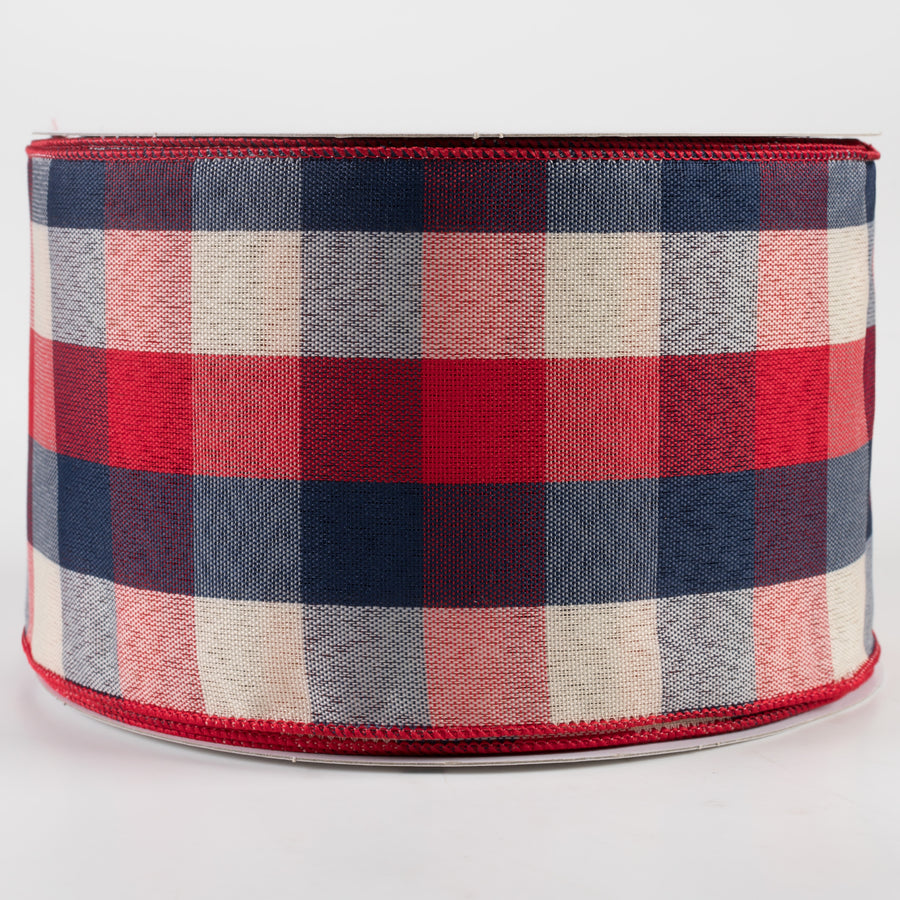 4" Woven Check Ribbon: Red, Cream, Blue (50 Yards)