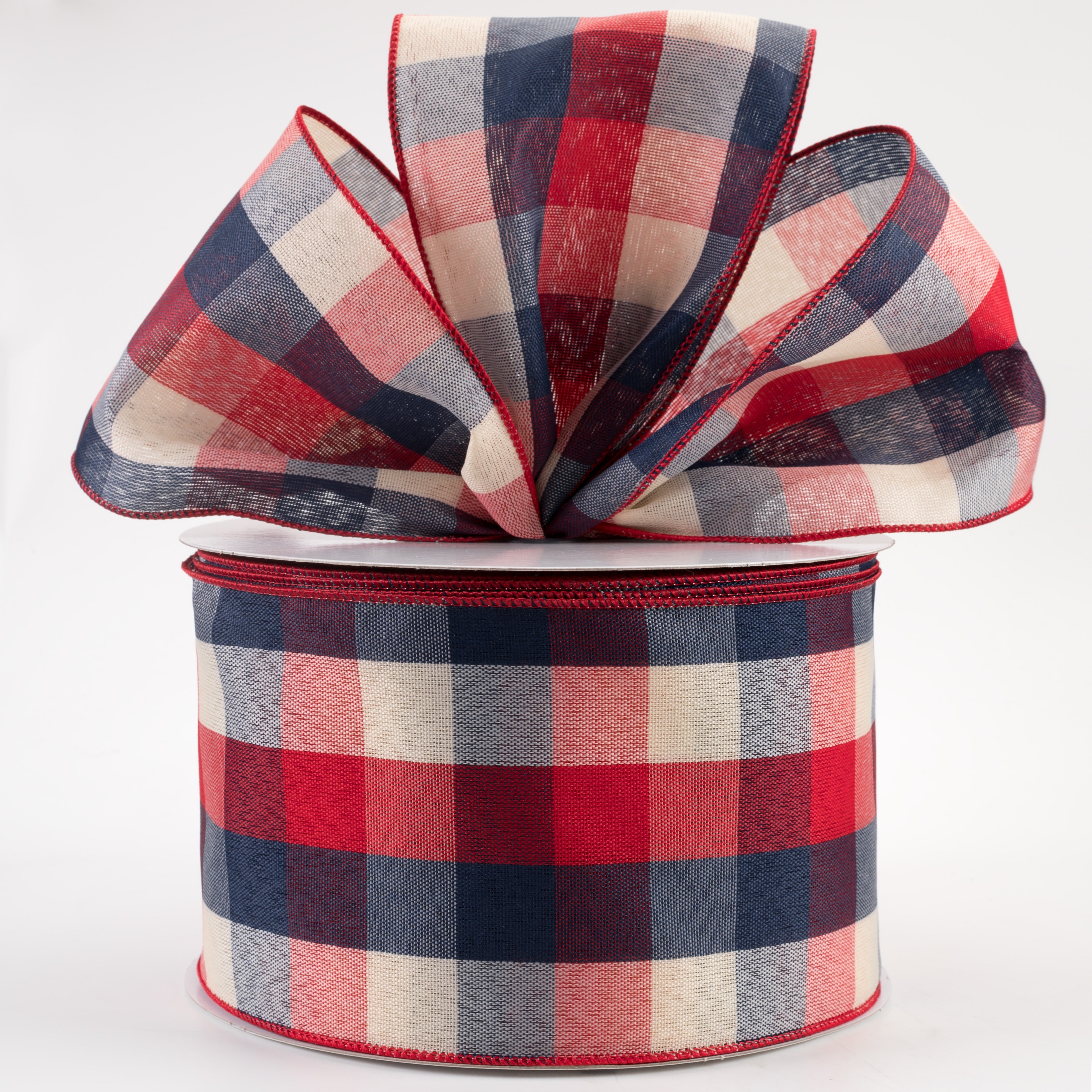 4" Woven Check Ribbon: Red, Cream, Blue (50 Yards) Lifestyle Photo