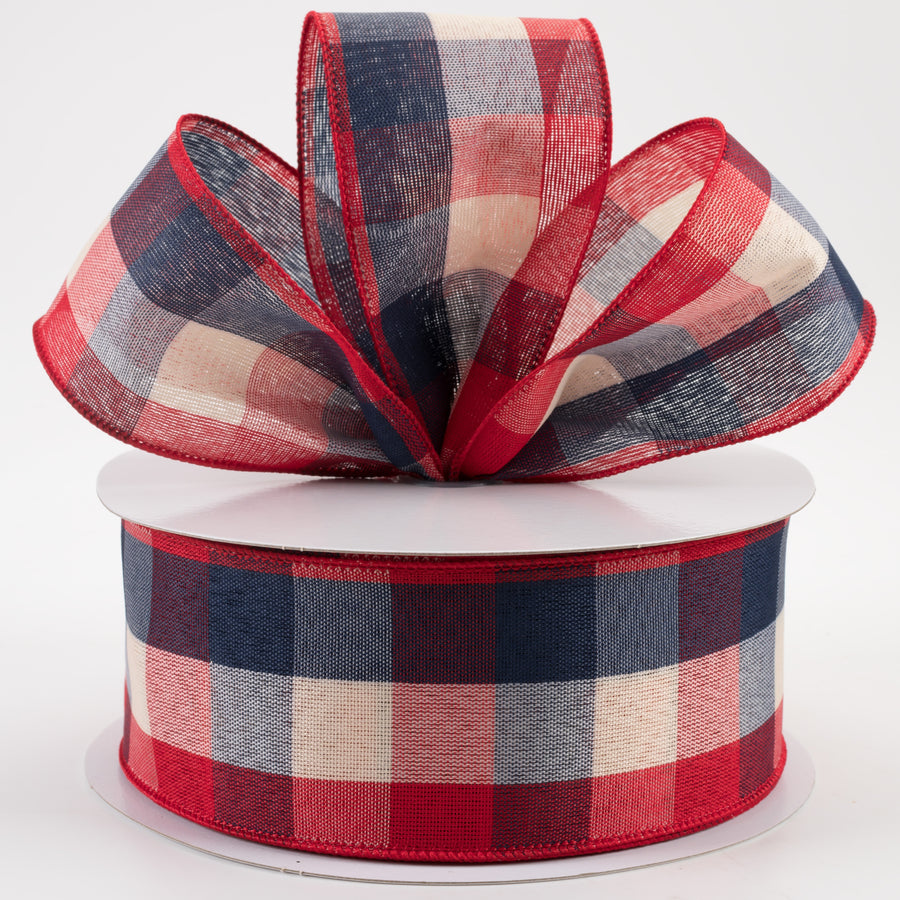 2.5" Woven Check Ribbon: Red, Cream, Blue (50 Yards) Lifestyle Photo