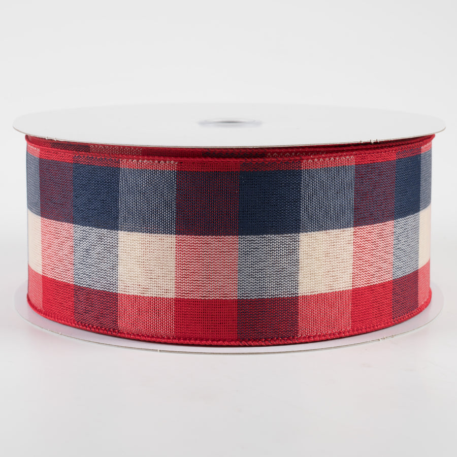 2.5" Woven Check Ribbon: Red, Cream, Blue (50 Yards)