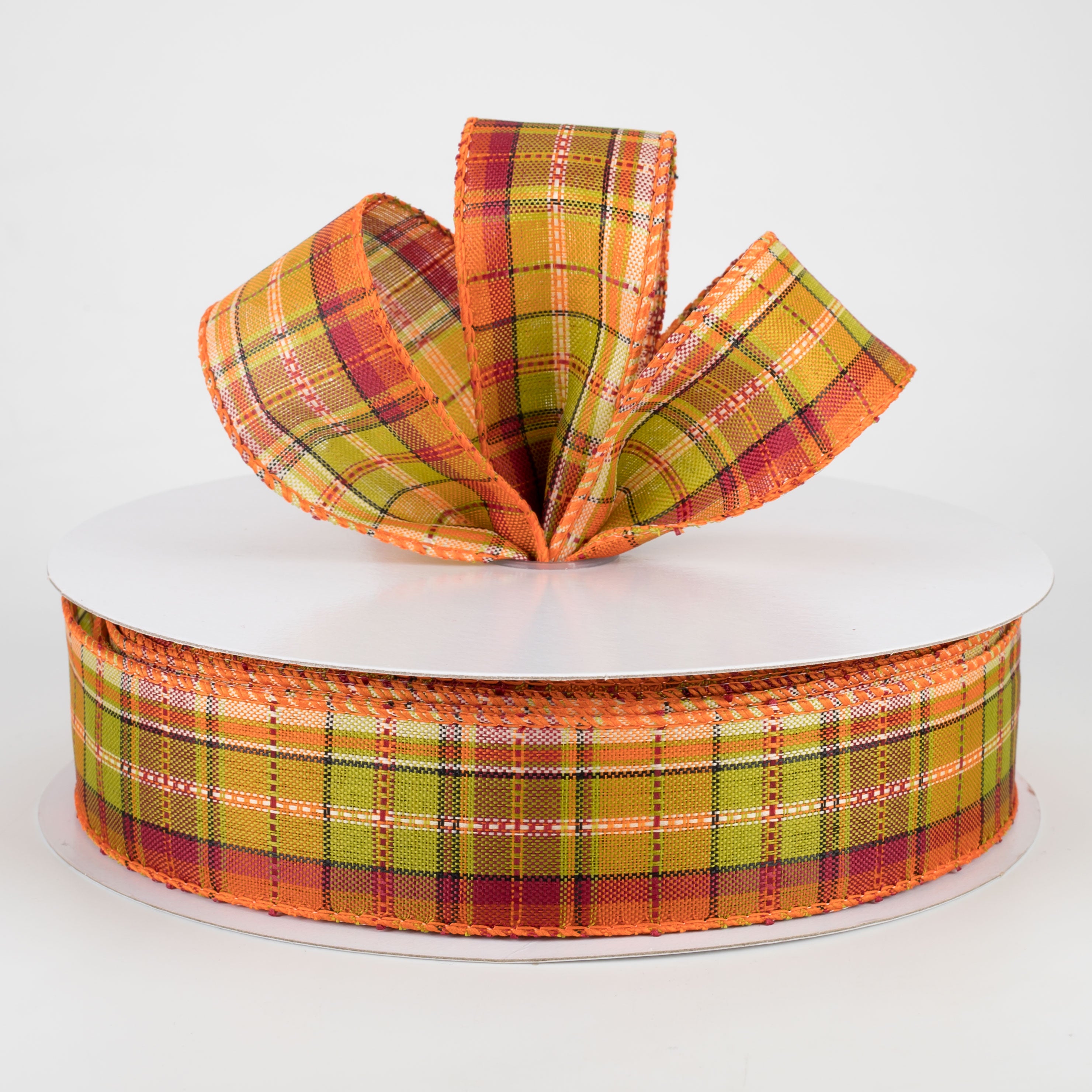 1.5" Woven Fall Plaid Ribbon: Lime, Rust, Orange, Burgundy (50 Yards) Lifestyle Photo
