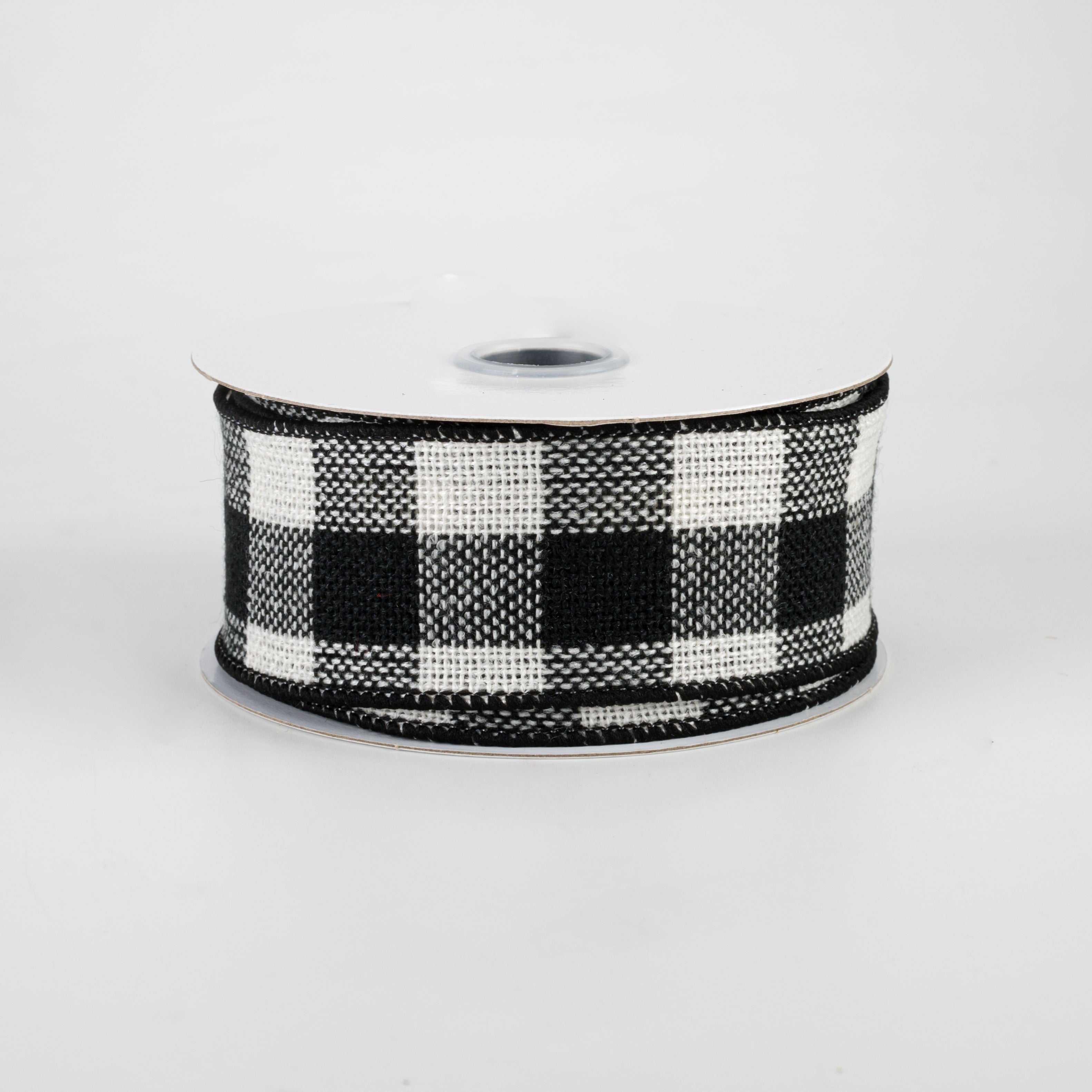 1.5" Woven Flannel Check Ribbon: Black & Off White (10 Yards)