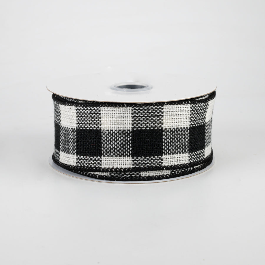 1.5" Woven Flannel Check Ribbon: Black & Off White (10 Yards)