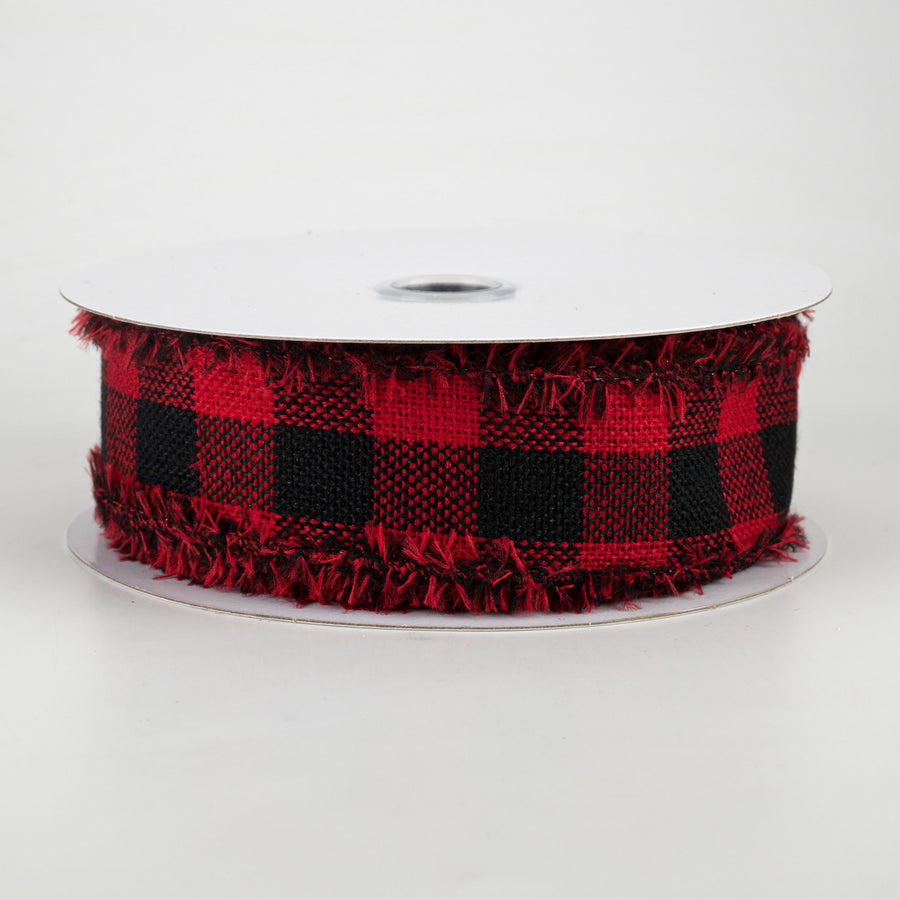 1.5" Woven Flannel Check Ribbon: Black & Red (10 Yards)