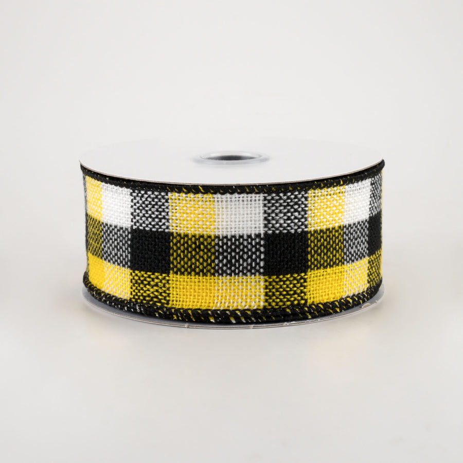1.5" Woven Flannel Check Ribbon: Black, White, Yellow (10 Yards)