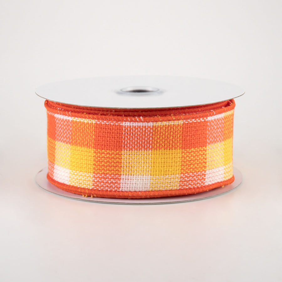 1.5" Woven Flannel Check Ribbon: Orange, Yellow, White (10 Yards)