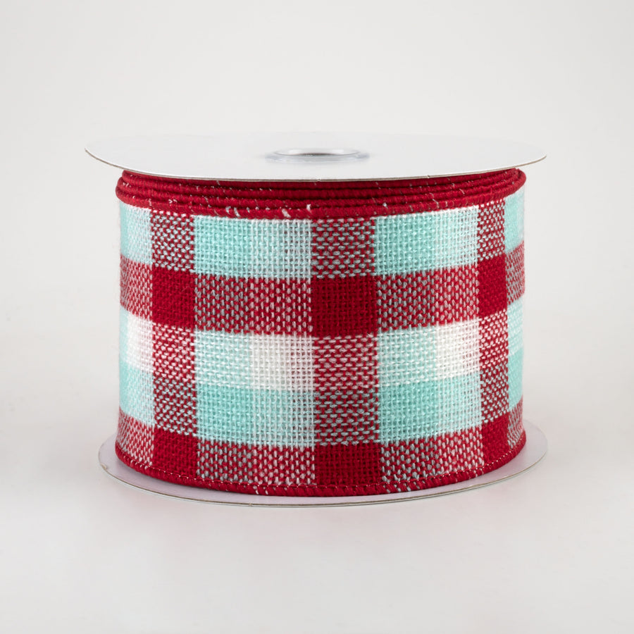 2.5" Woven Flannel Check Ribbon: Red, White, Ice Blue (10 Yards)