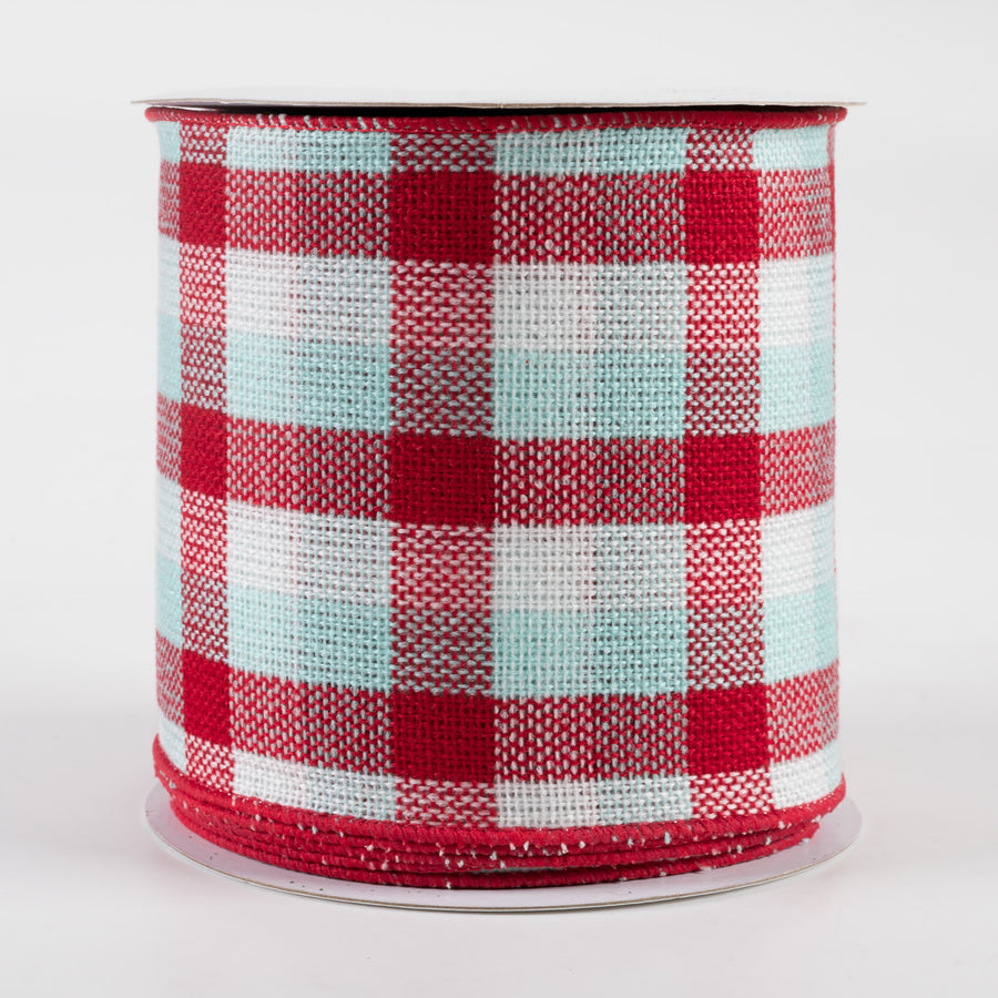 4" Woven Flannel Check Ribbon: Red, White, Ice Blue (10 Yards)