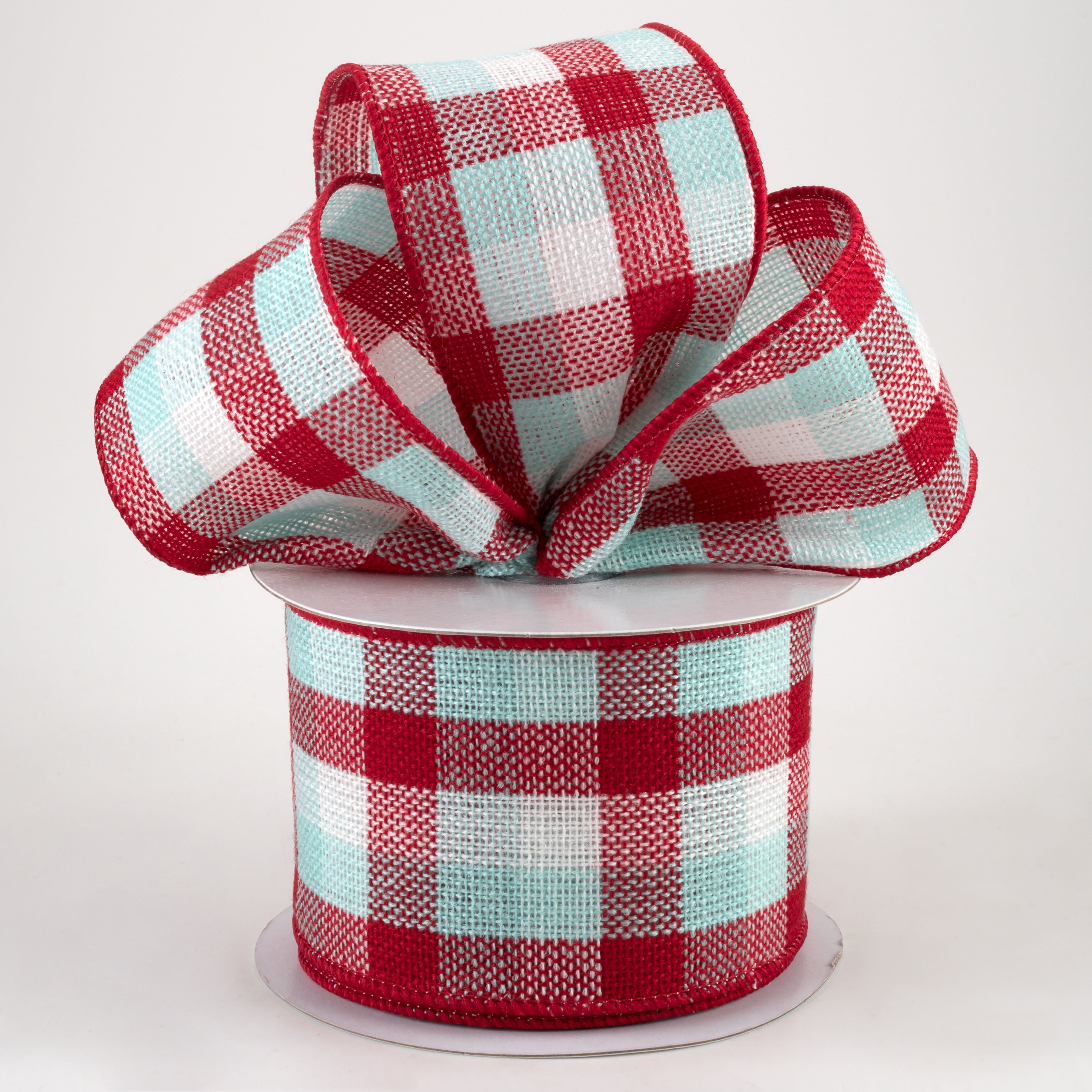 2.5" Woven Flannel Check Ribbon: Red, White, Ice Blue (10 Yards) Lifestyle Photo