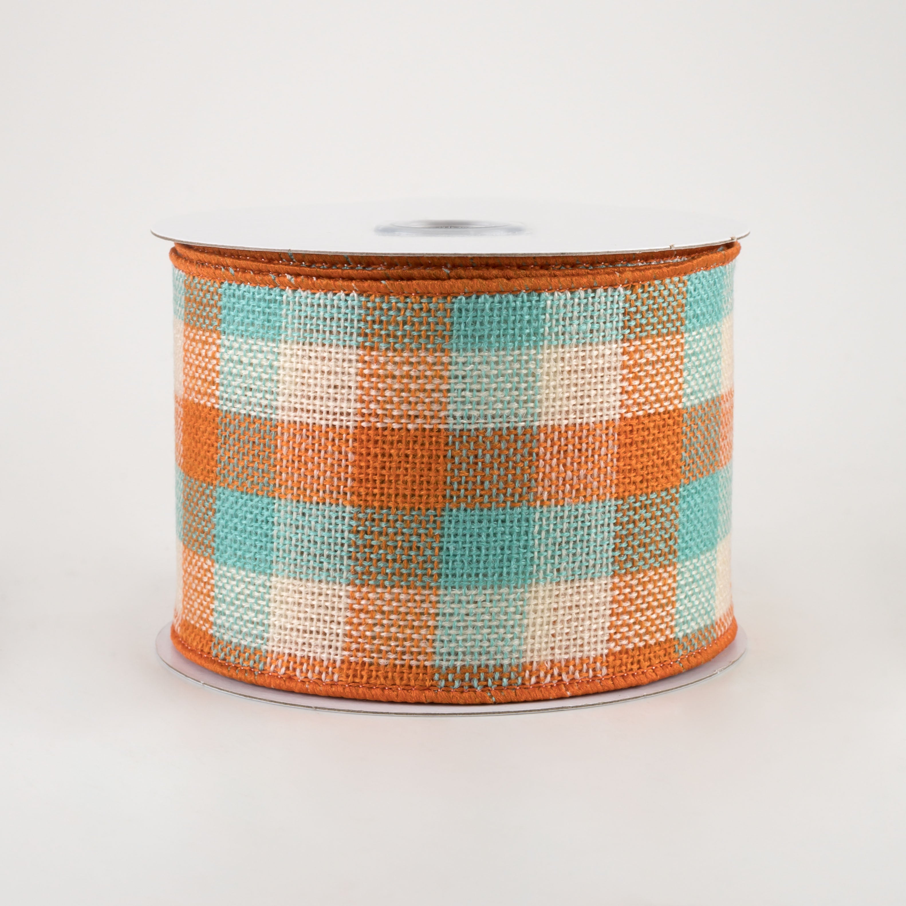 2.5" Woven Flannel Check Ribbon: Teal, Orange, Cream (10 Yards)
