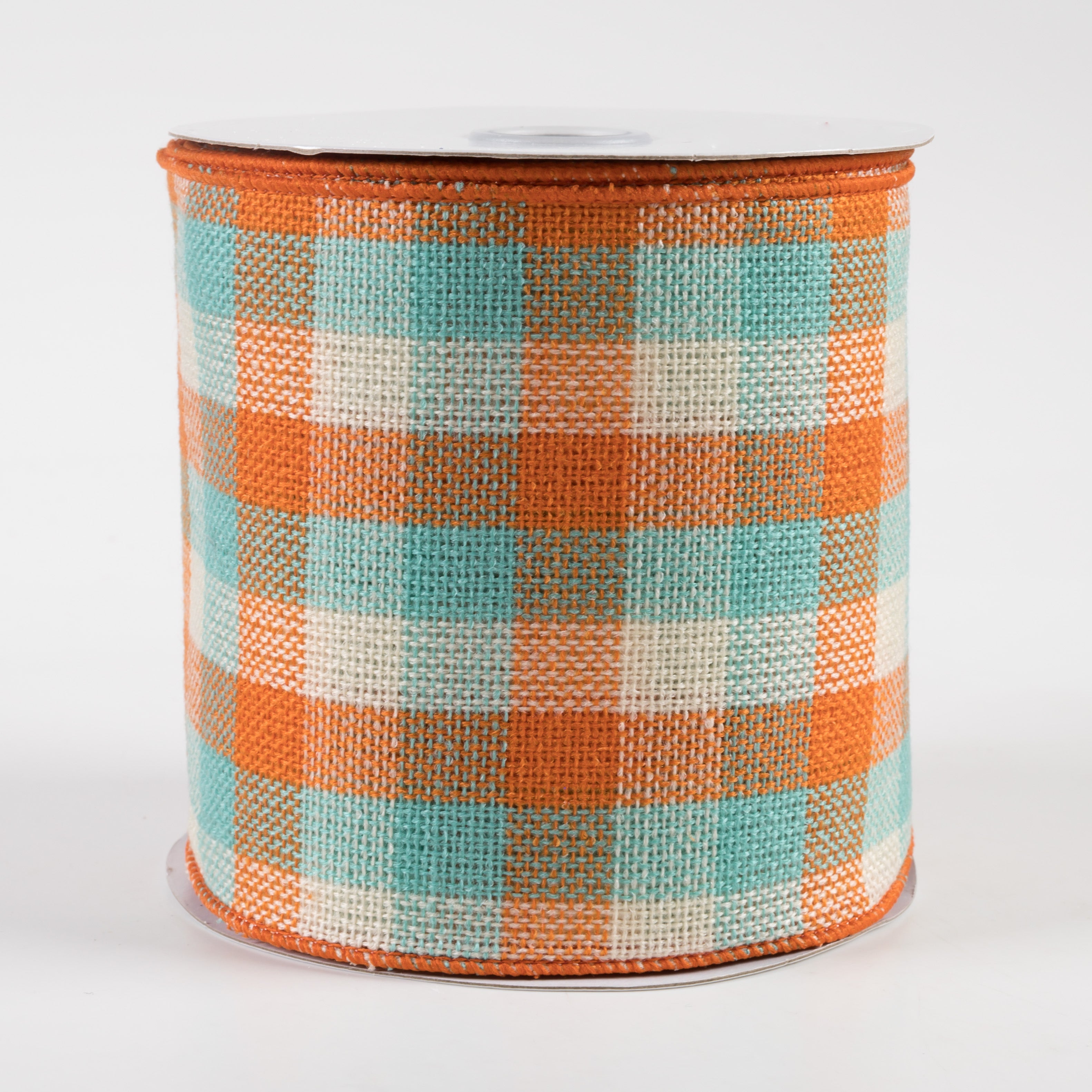 4" Woven Flannel Check Ribbon: Teal, Orange, Cream (10 Yards)