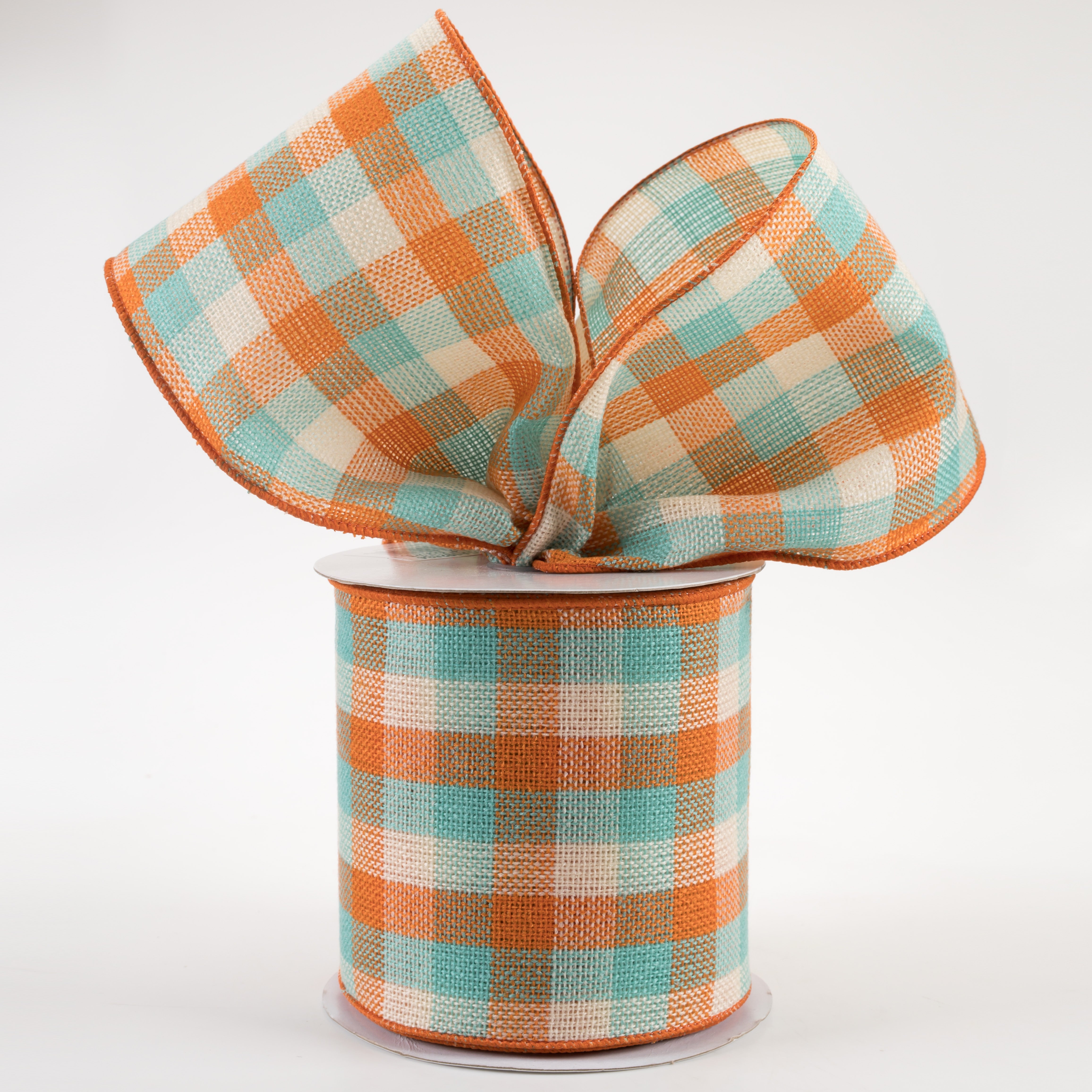 4" Woven Flannel Check Ribbon: Teal, Orange, Cream (10 Yards) Lifestyle Photo