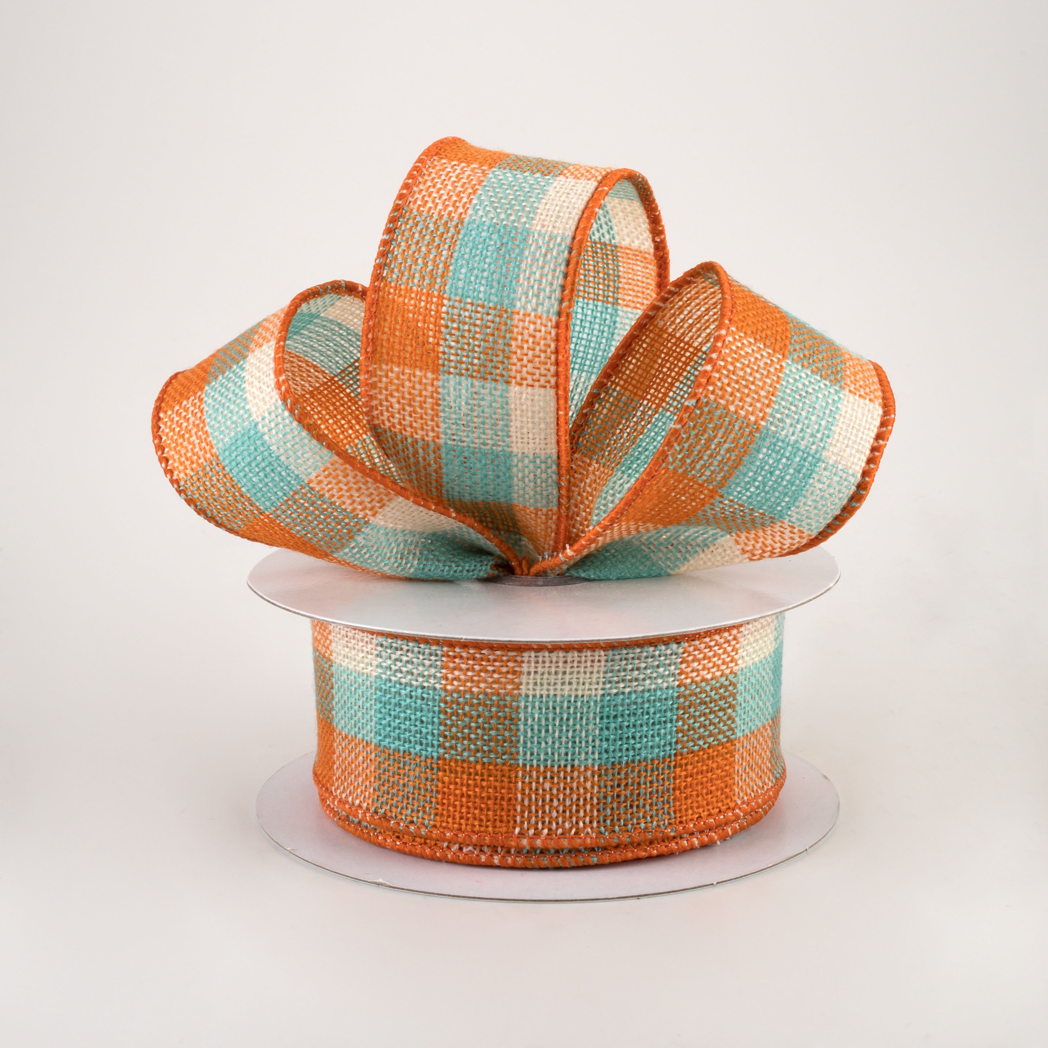 1.5" Woven Flannel Check Ribbon: Teal, Orange, Cream (10 Yards) Lifestyle Photo