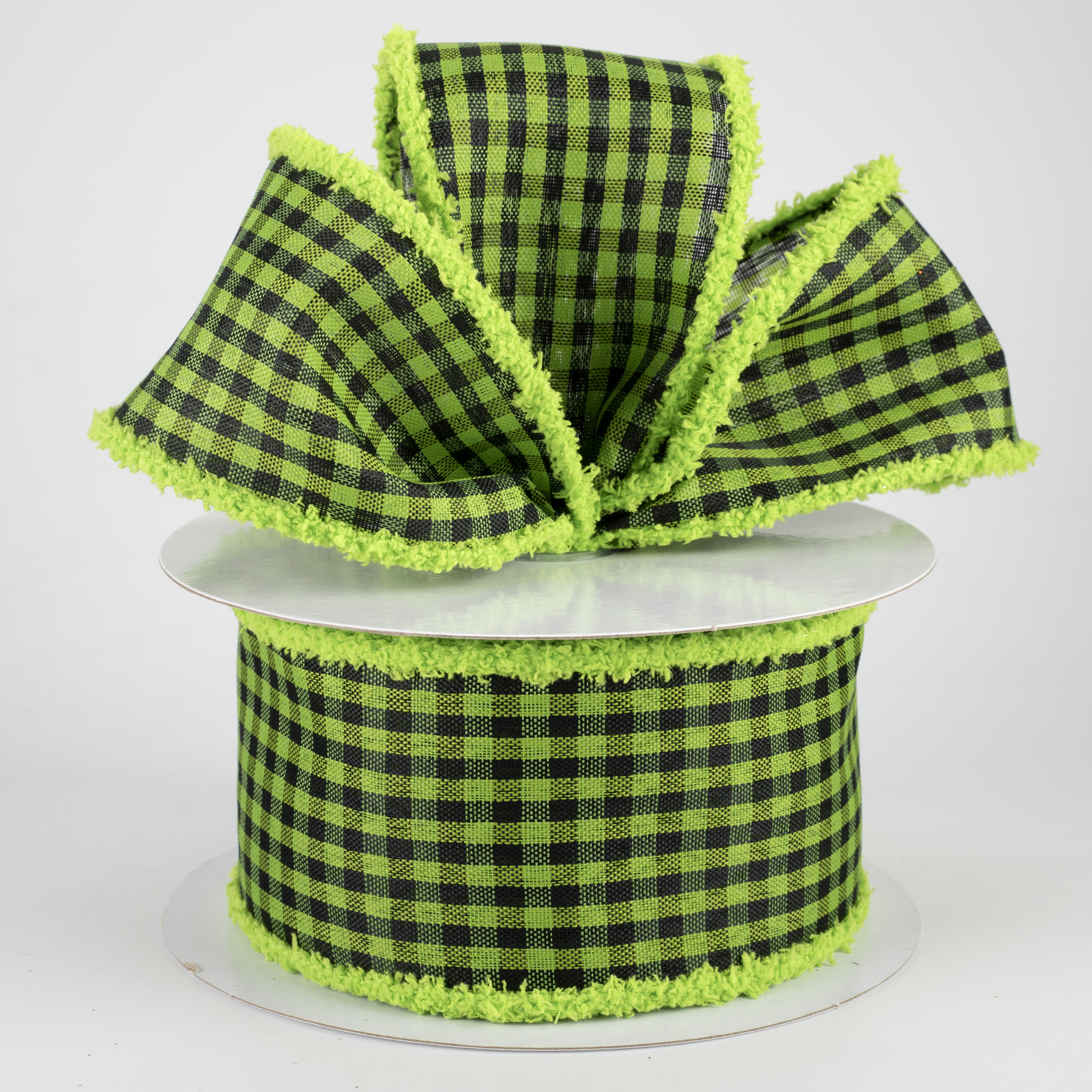 2.5" Woven Gingham Check Chenille Edge Ribbon: Black & Lime Green (10 Yards) Lifestyle Photo