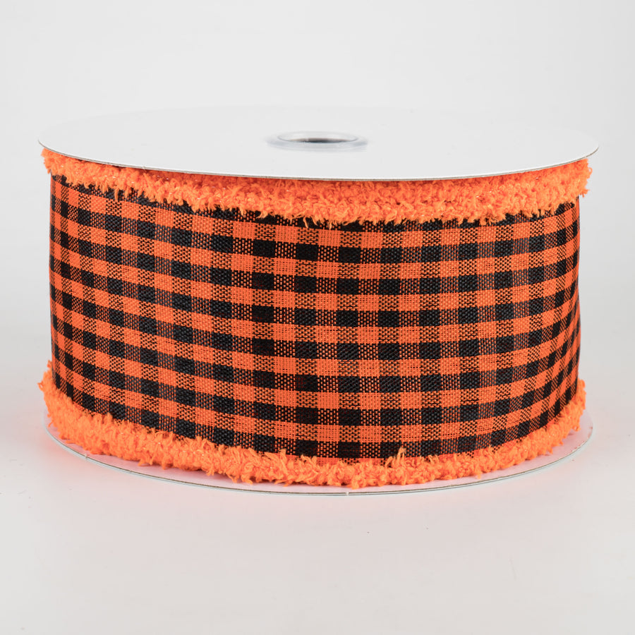 2.5" Woven Gingham Check Chenille Edge Ribbon: Black & Orange (10 Yards)