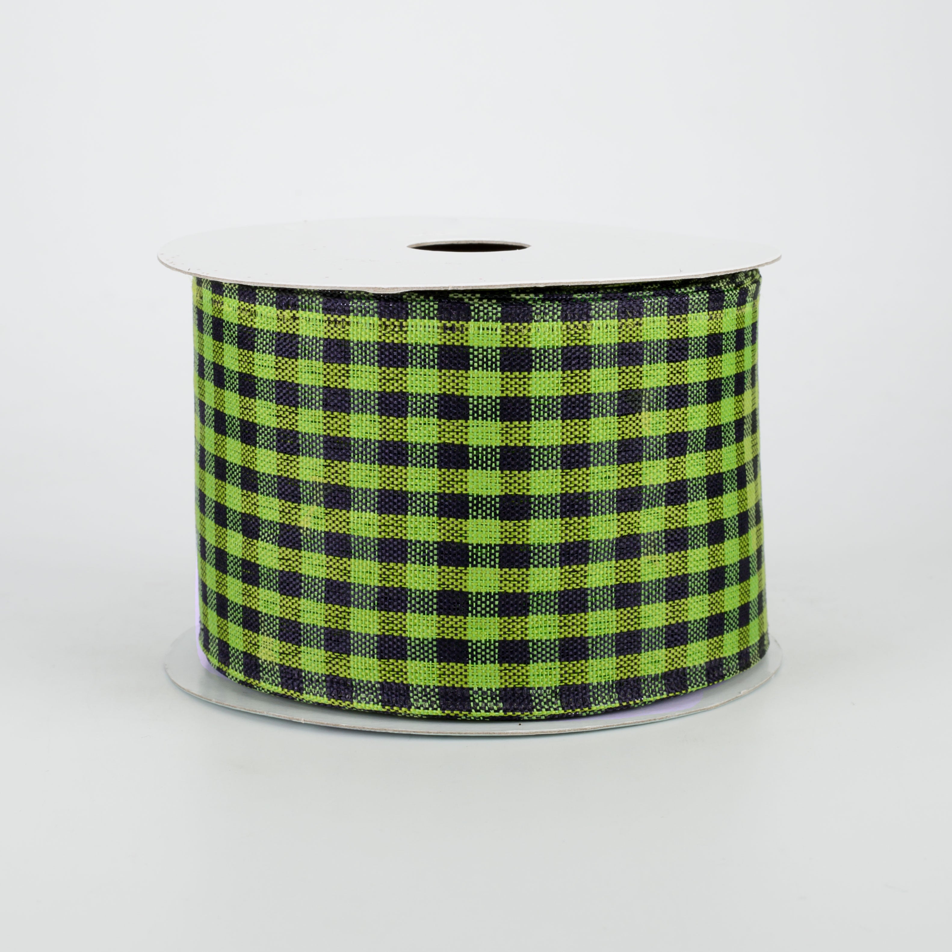 2.5" Woven Gingham Check Ribbon: Black & Lime Green (10 Yards)
