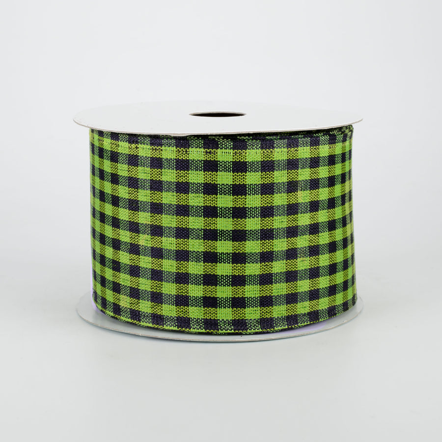2.5" Woven Gingham Check Ribbon: Black & Lime Green (10 Yards)